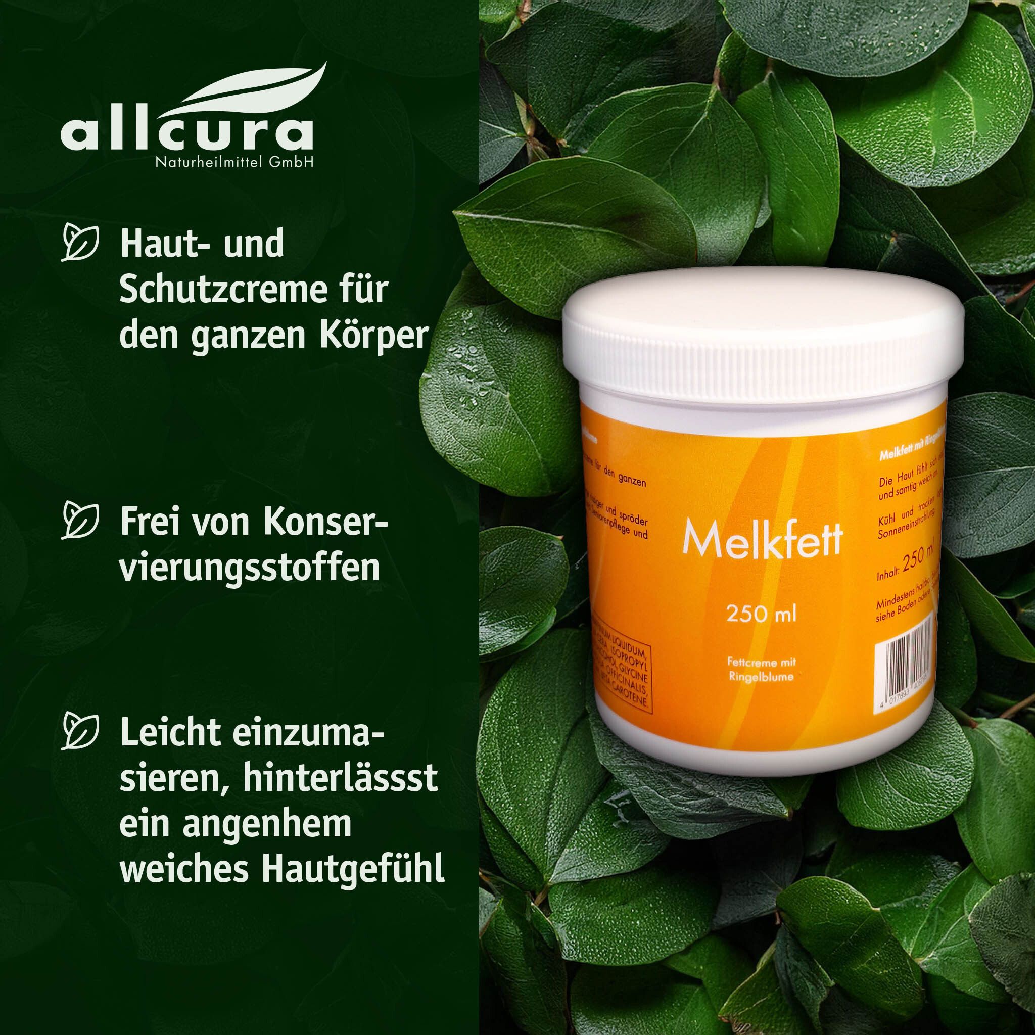 Weißer Tiegel mit gelbem Etikett, umgeben von grünen Blättern. Text: Melkfett, 250 ml. Marke: allcura.
