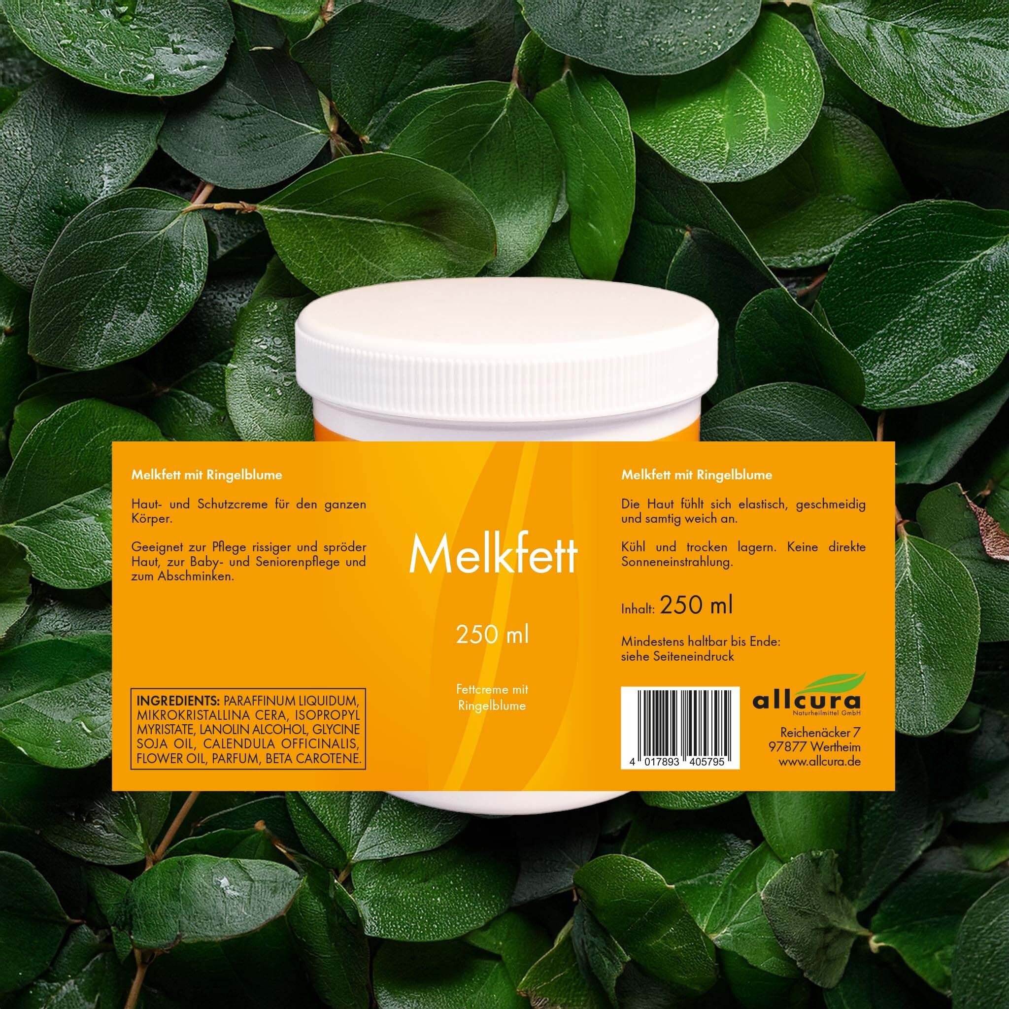 Gelbes Etikett auf weißem Tiegel. Text: Melkfett mit Ringelblume, 250 ml. Inhaltsstoffe. Marke: allcura.