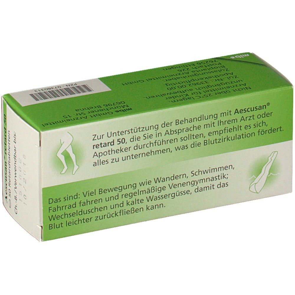 Rückseite der Aescusan® retard 50-Packung. Textinformationen und Bein-Illustration. Grün-weiße Schachtel.