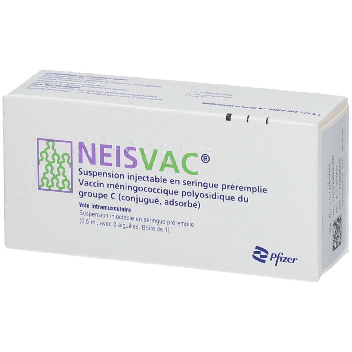 Schachtel mit NEISVAC-C Injektionssuspension. Text und Logo von Pfizer.