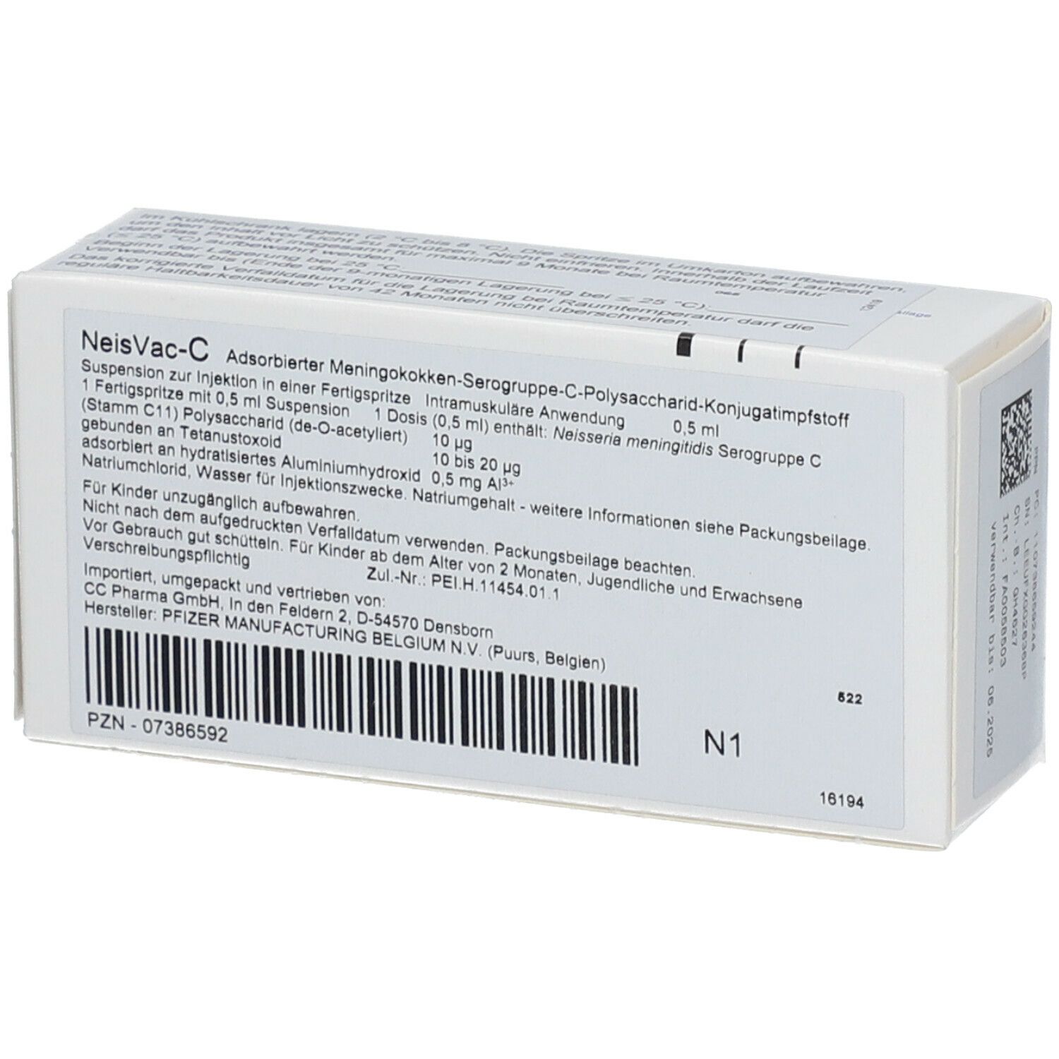 Schachtel mit Textinformationen zu NeisVac-C. Barcode und PZN-Nummer.