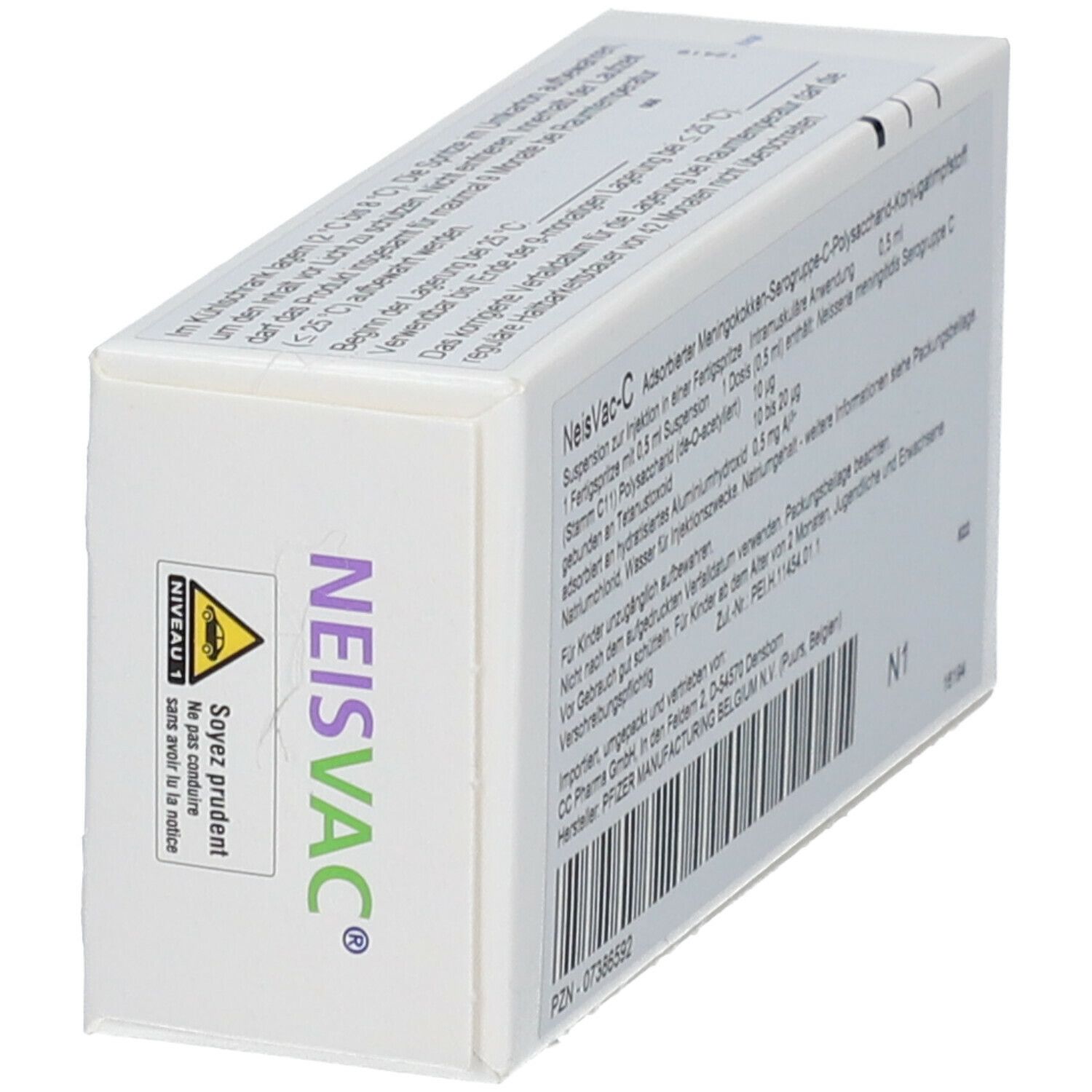 Schachtel mit NeisVac-C. Warnhinweis und Textinformationen.