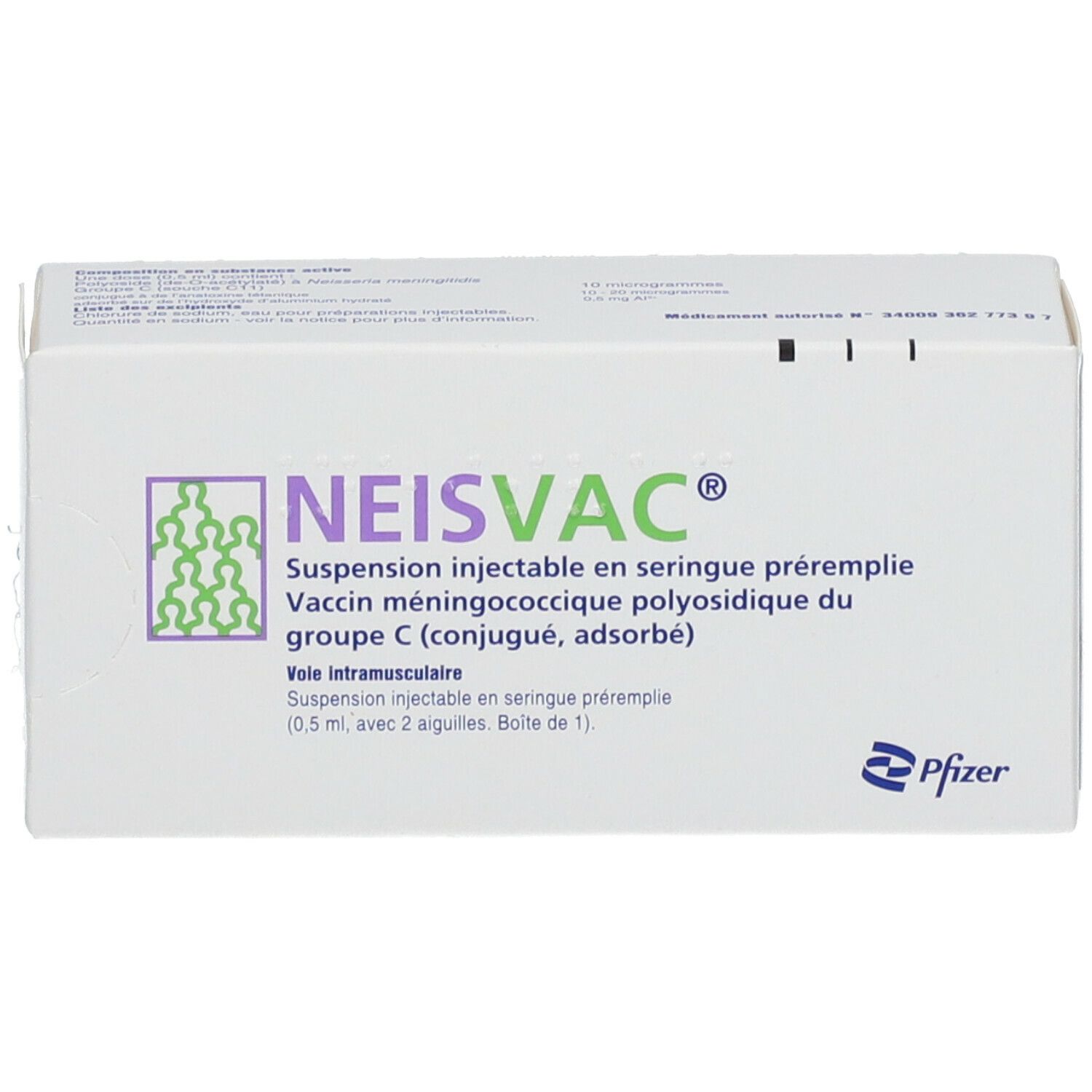 Schachtel mit NEISVAC-C Injektionssuspension. Pfizer-Logo.