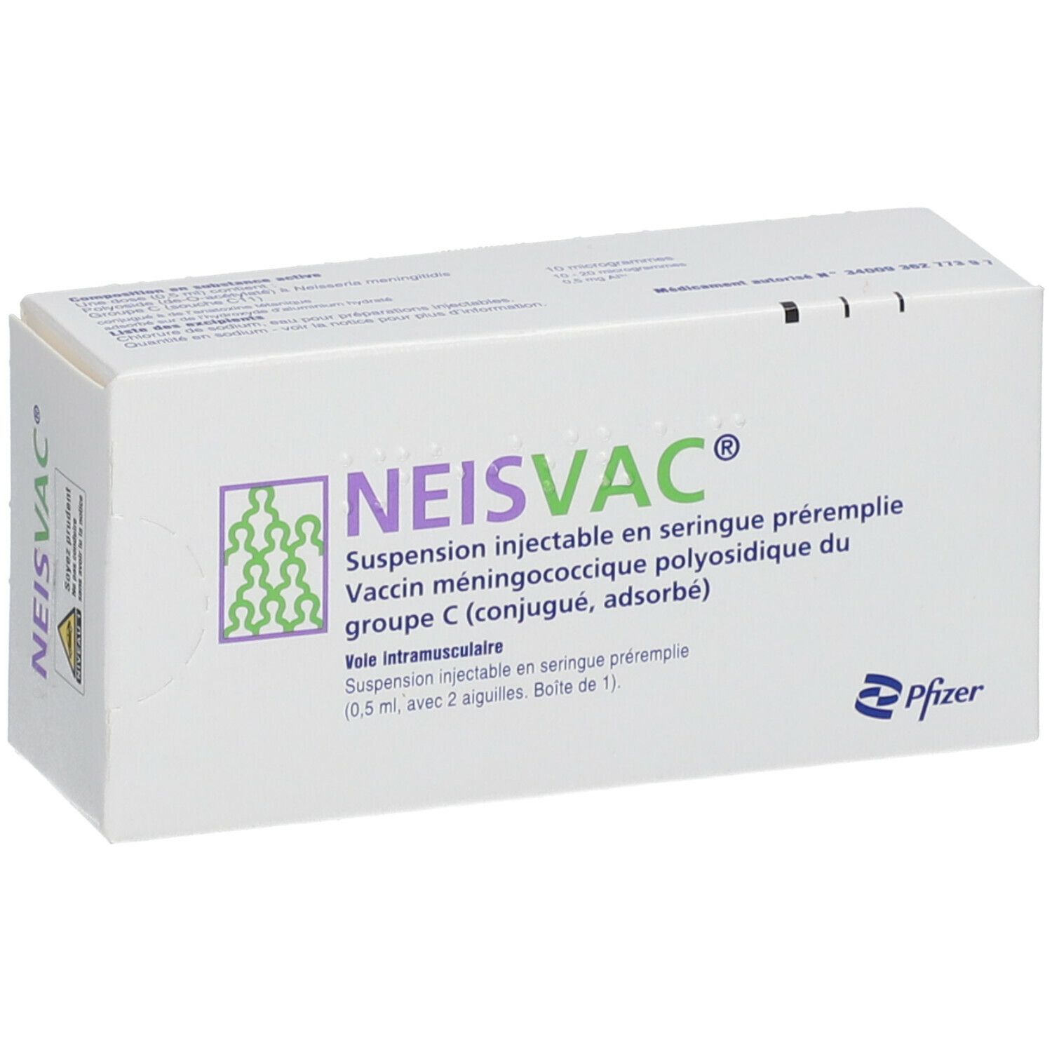 Schachtel mit NEISVAC-C Injektionssuspension. Pfizer-Logo.
