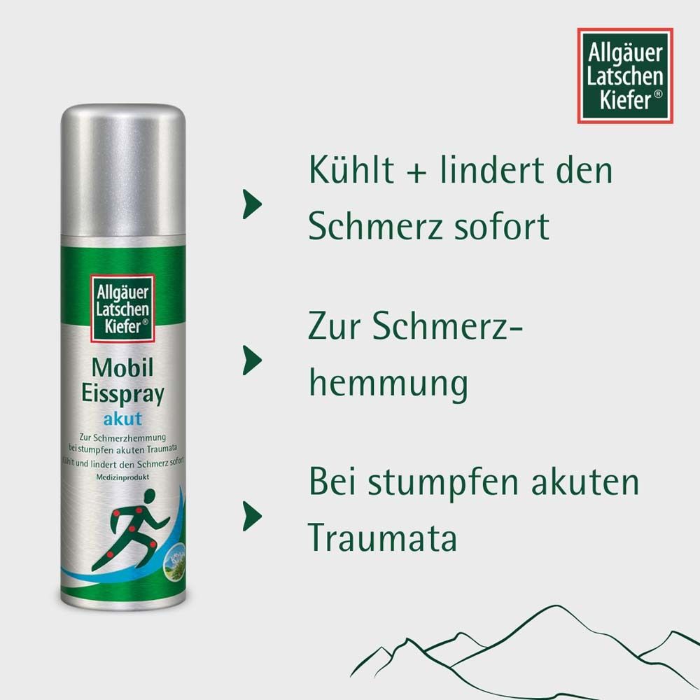 Sprühdose mit Logo und Schriftzug: Mobil Eisspray akut. Text: Kühlt + lindert den Schmerz sofort. Zur Schmerzhemmung.