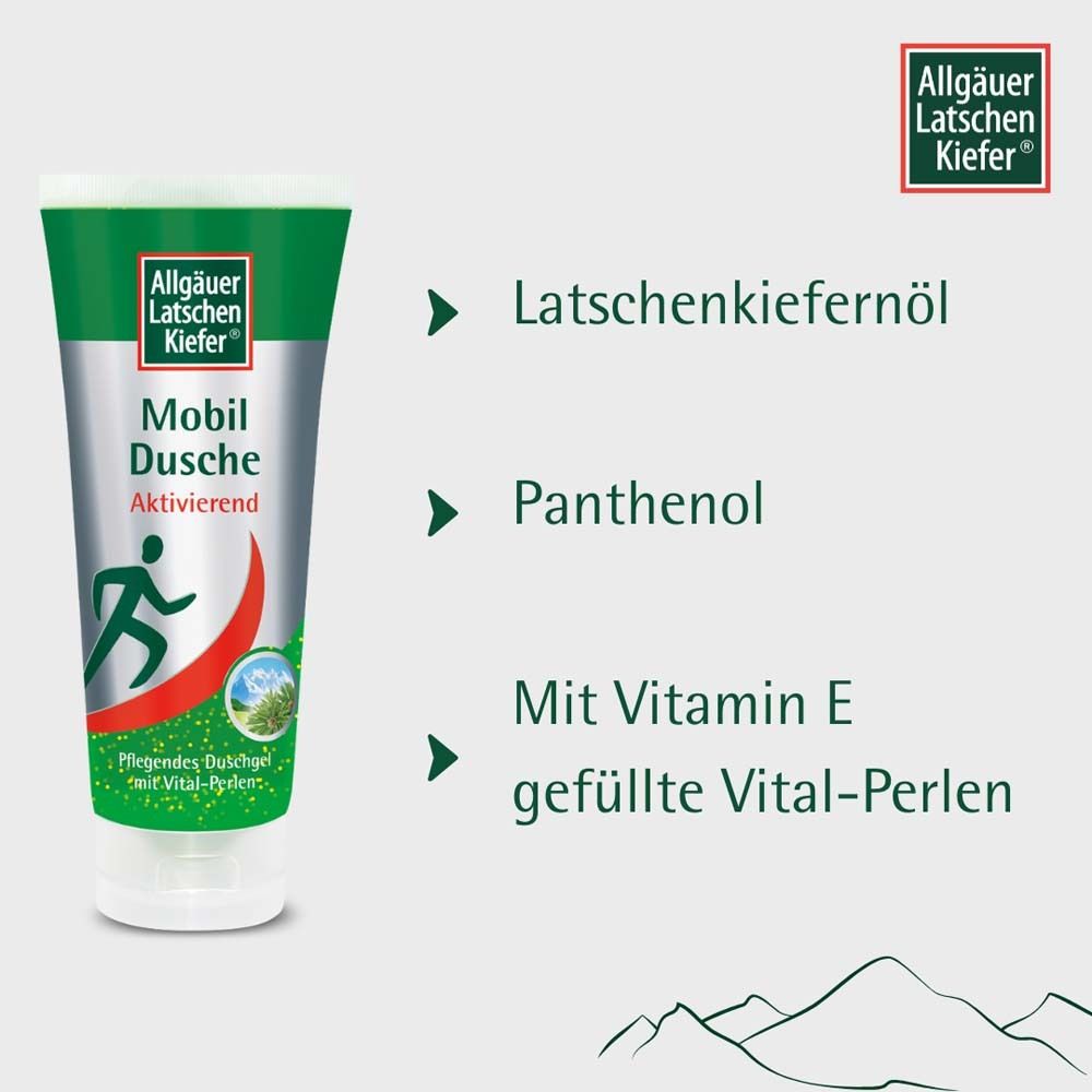 Produkt-Tube. Text: Latschenkiefernöl, Panthenol, Mit Vitamin E gefüllte Vital-Perlen. Logo.