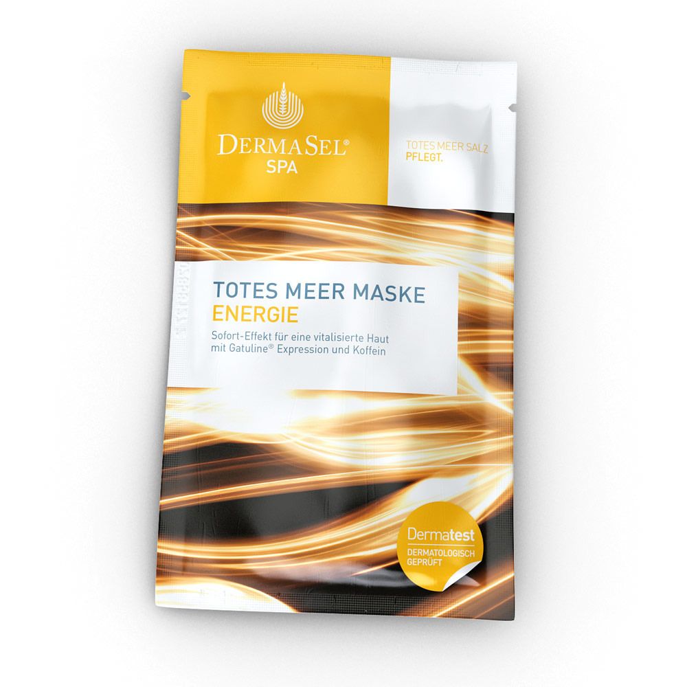 Gesichtsmaske mit Logo DERMASEL. Text: Totes Meer Maske Energie. Dermatest-Siegel. Gelb-weiß Verpackung.