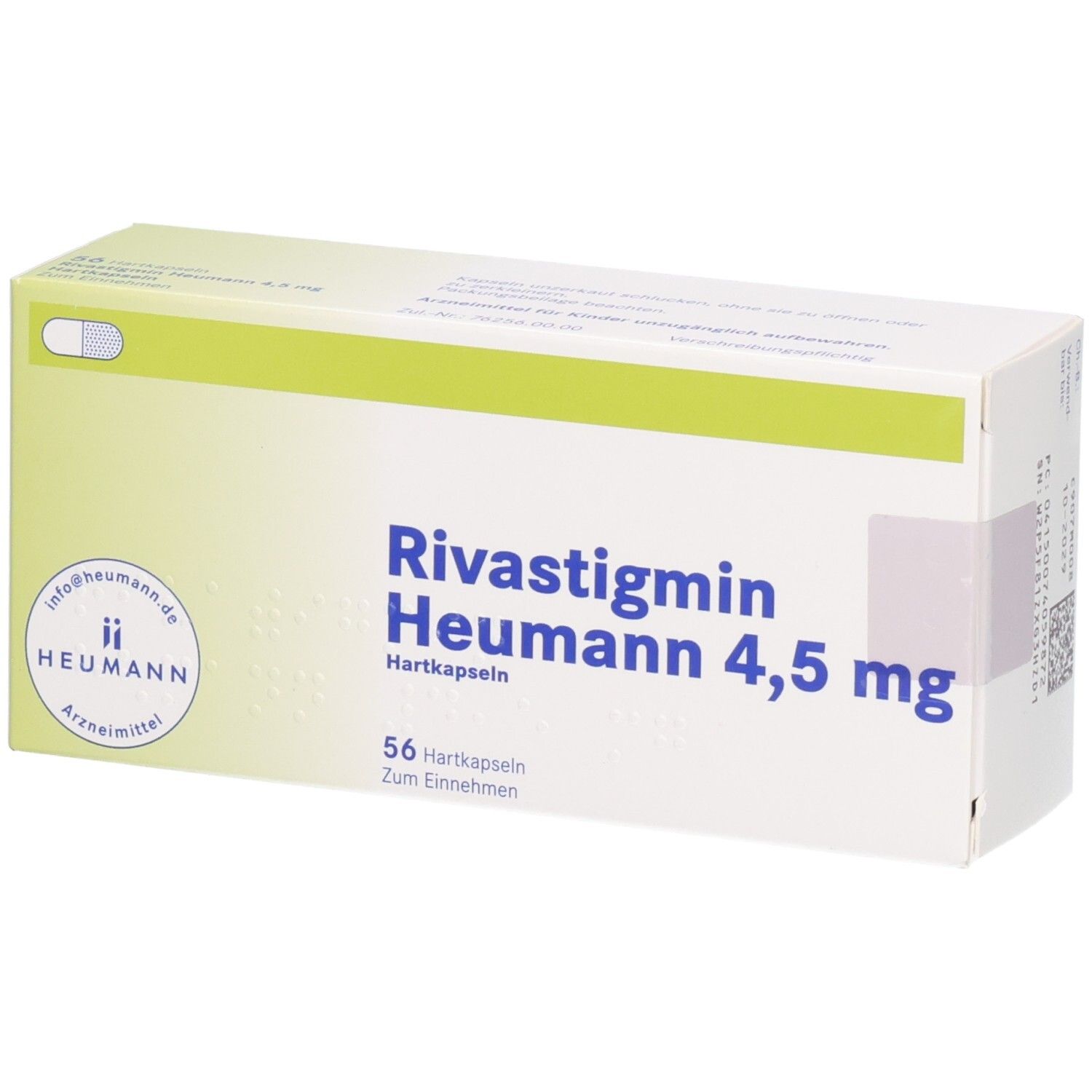 Verpackung von Rivastigmin Heumann 4,5 mg Hartkapseln, 56 Stück.