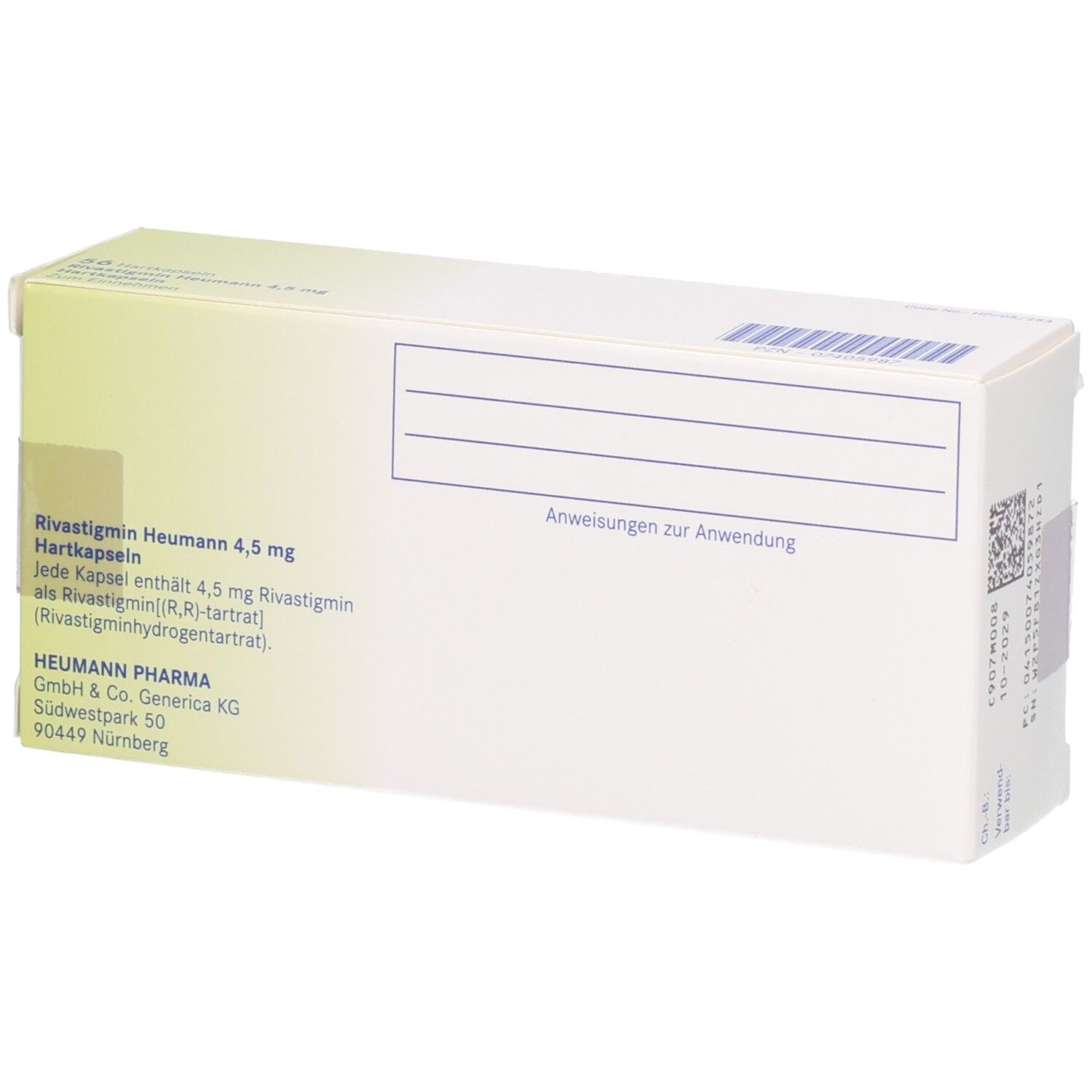 Rückseite der Verpackung von Rivastigmin Heumann 4,5 mg Hartkapseln mit Herstellerangaben.