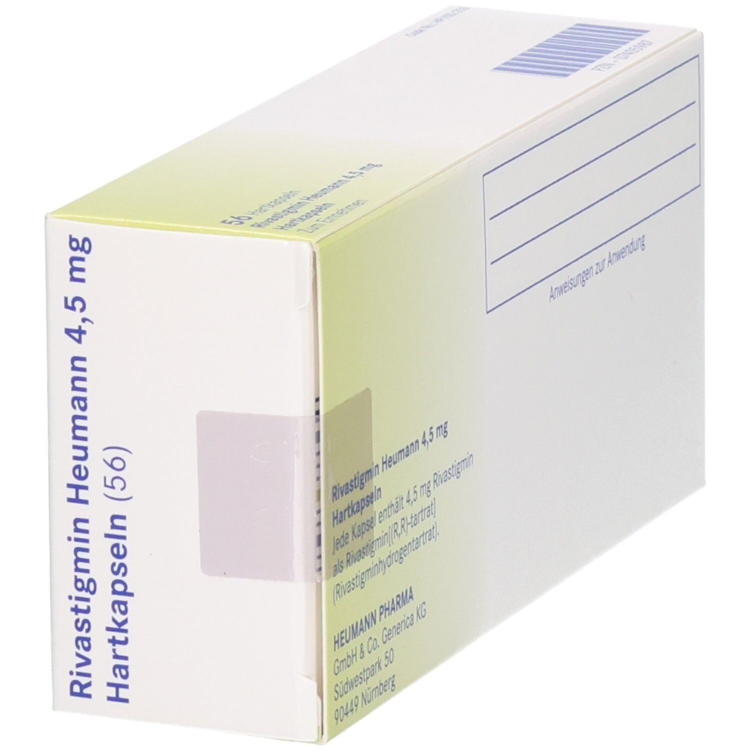 Schrägansicht der Verpackung von Rivastigmin Heumann 4,5 mg Hartkapseln.