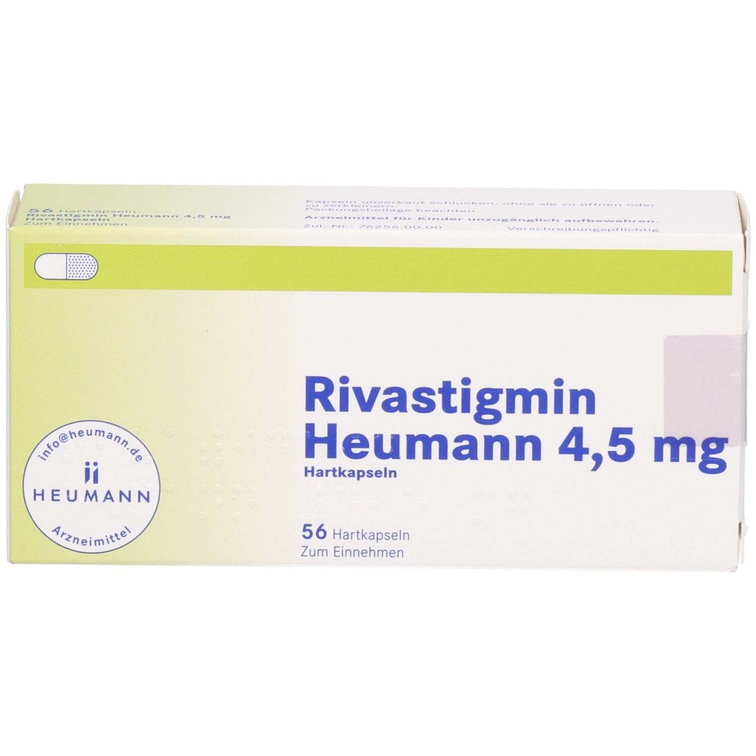 Vorderseite der Verpackung von Rivastigmin Heumann 4,5 mg Hartkapseln, 56 Stück.