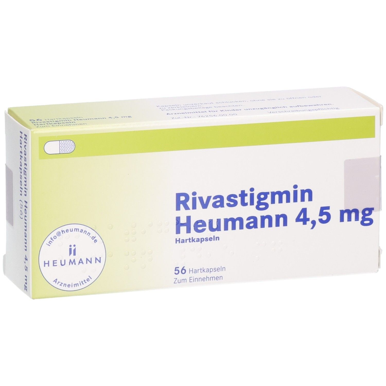 Verpackung von Rivastigmin Heumann 4,5 mg Hartkapseln, 56 Stück, mit Logo.