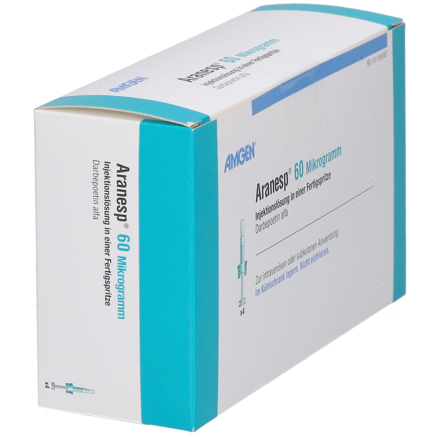 Schachtel, weiß mit blauen Akzenten. Aufschrift: Aranesp 60 Mikrogramm, Injektionslösung in Fertigspritze. Amgen Logo.