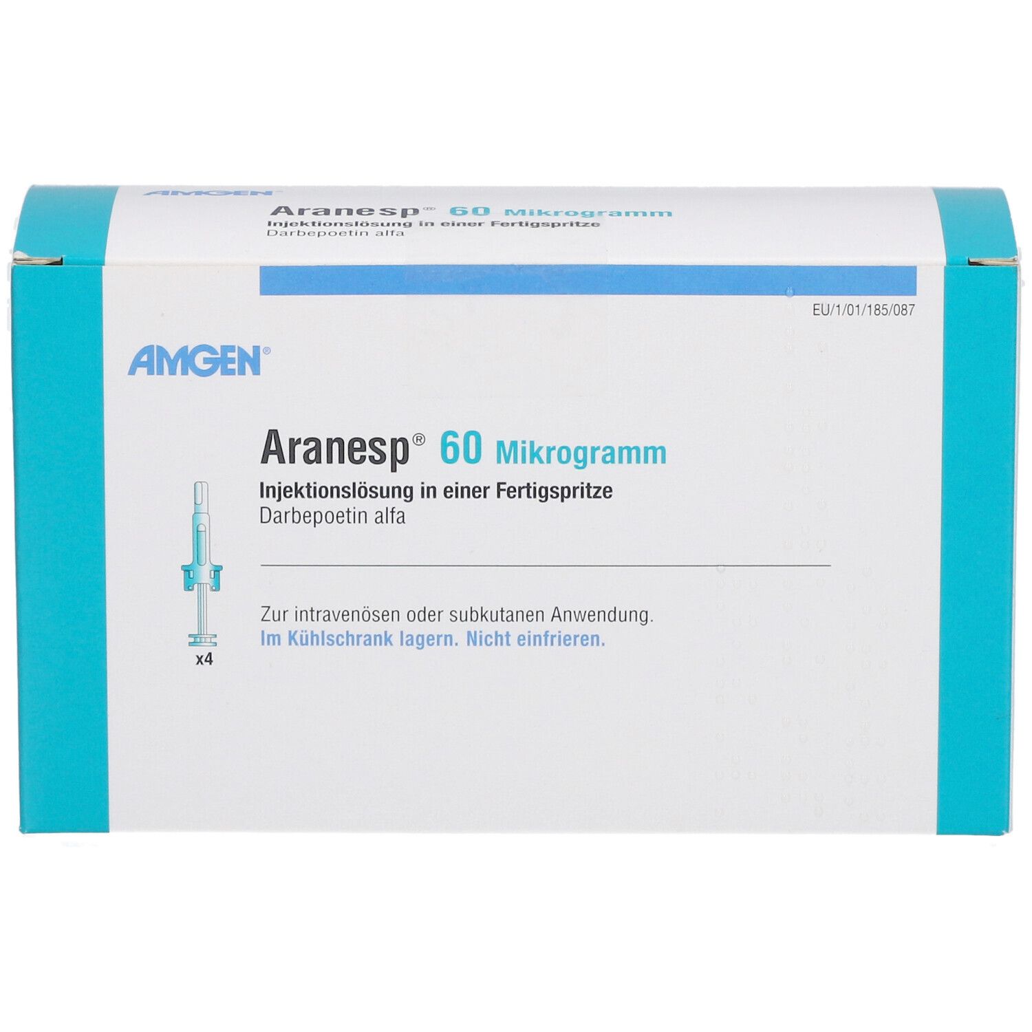 Weiße Schachtel mit blauer Schrift und Akzenten. Aufschrift: Aranesp 60 Mikrogramm, Injektionslösung in Fertigspritze. Amgen Logo.