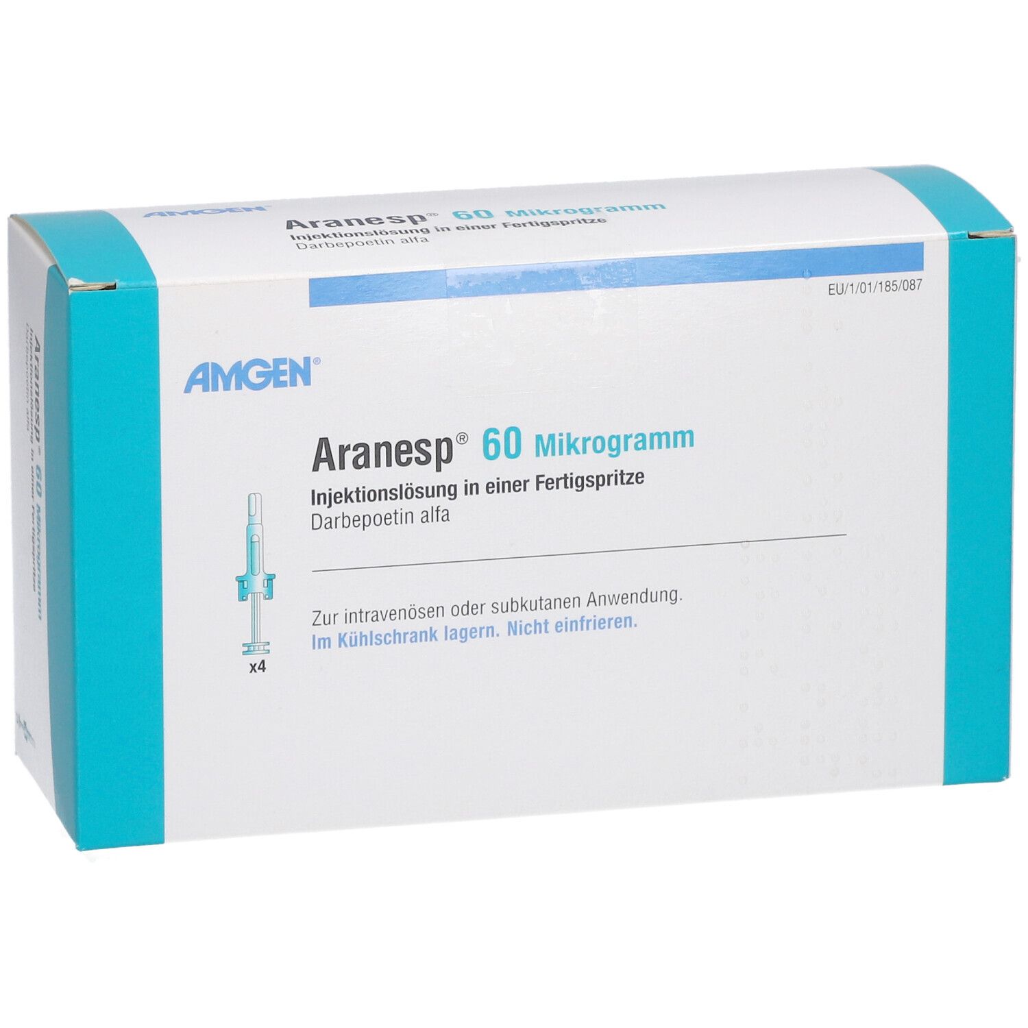 Weiße Schachtel mit blauer Schrift und Akzenten. Aufschrift: Aranesp 60 Mikrogramm, Injektionslösung in Fertigspritze. Amgen Logo.