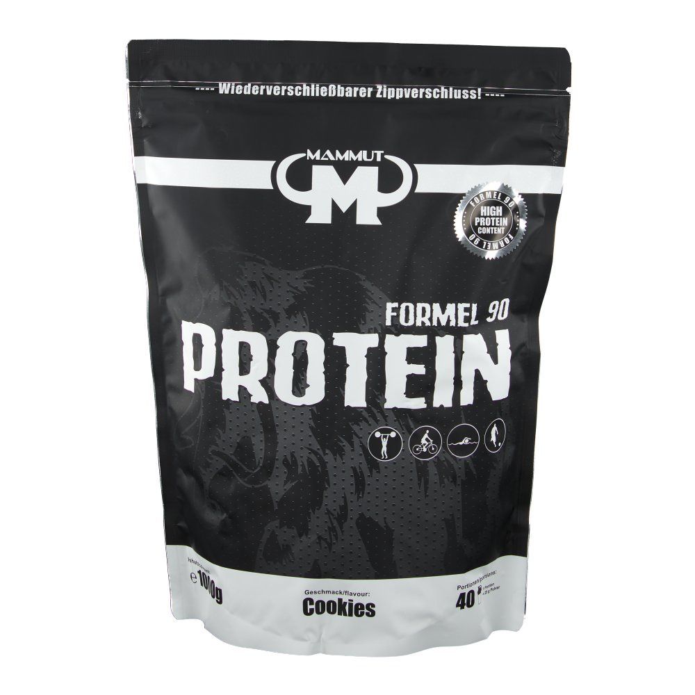 Schwarzer Beutel mit weißer Schrift. Enthält "Mammut Formel 90 Protein". Aufschrift "Cookies". Siegel "High Protein".