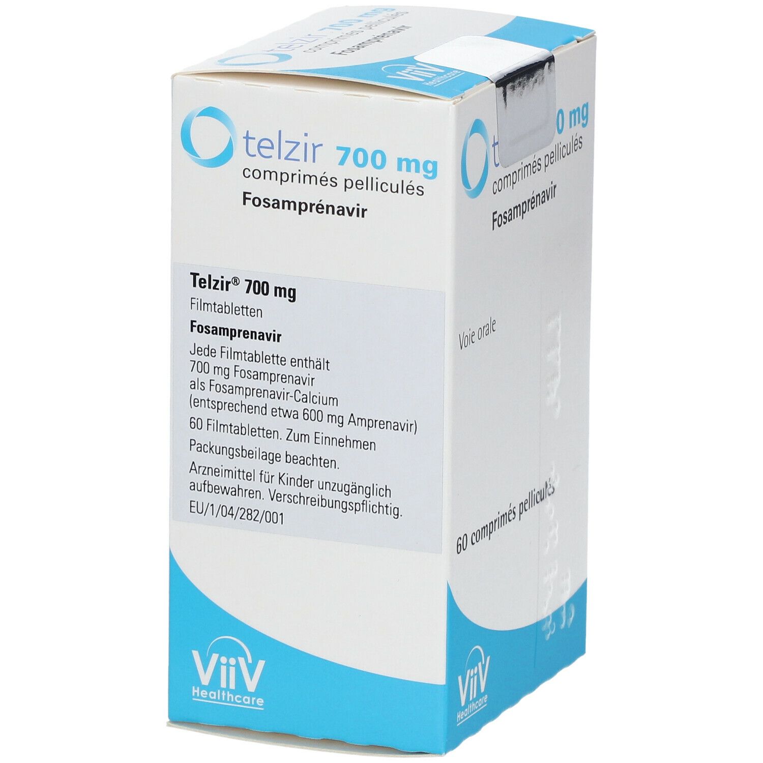 Telzir 700 mg Tabletten-Schachtel. Vorderseite mit Produktnamen, Inhaltsstoffen und Dosierung. ViiV Healthcare Logo.