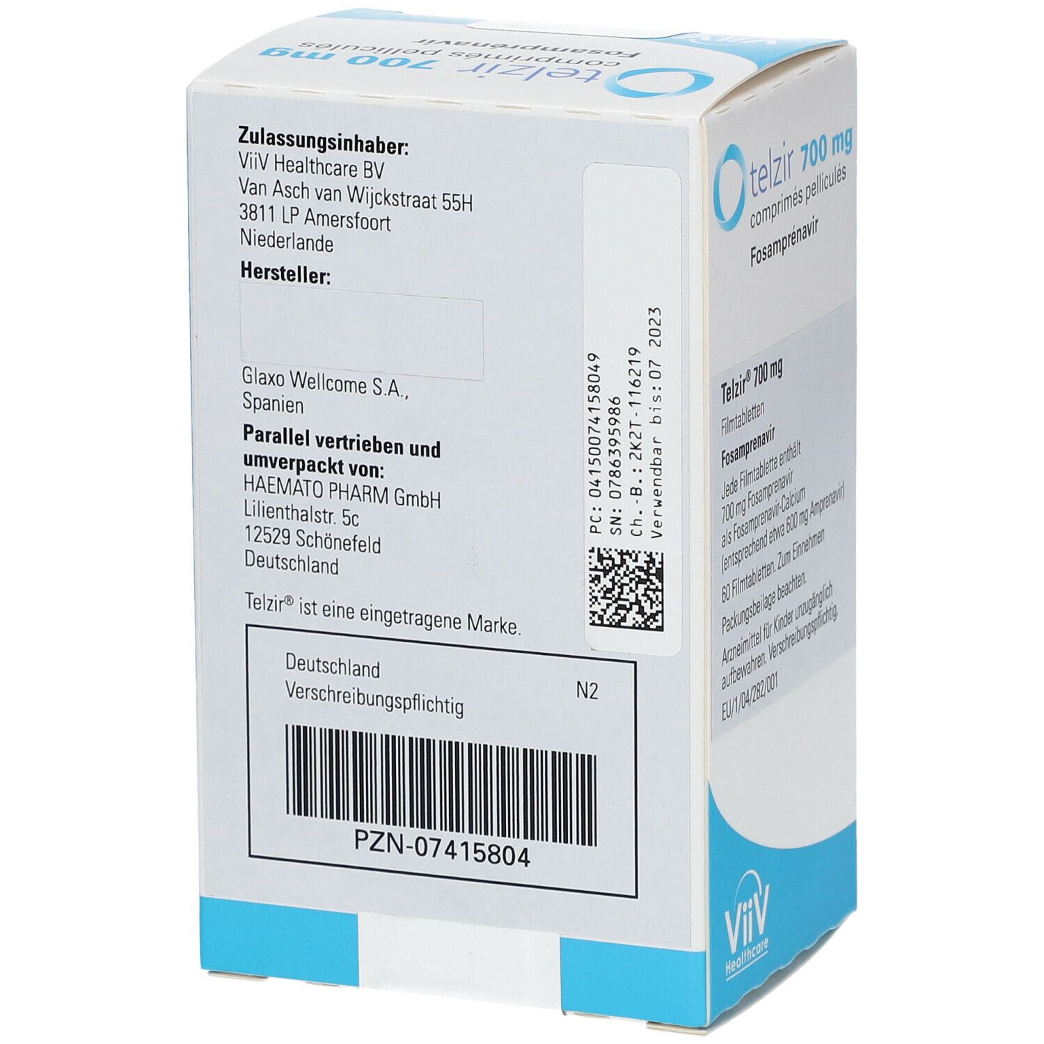 Rückseite der Telzir 700 mg Tabletten-Schachtel. Informationen zu Hersteller, Inhaltsstoffen und Chargennummer. ViiV Healthcare Logo.