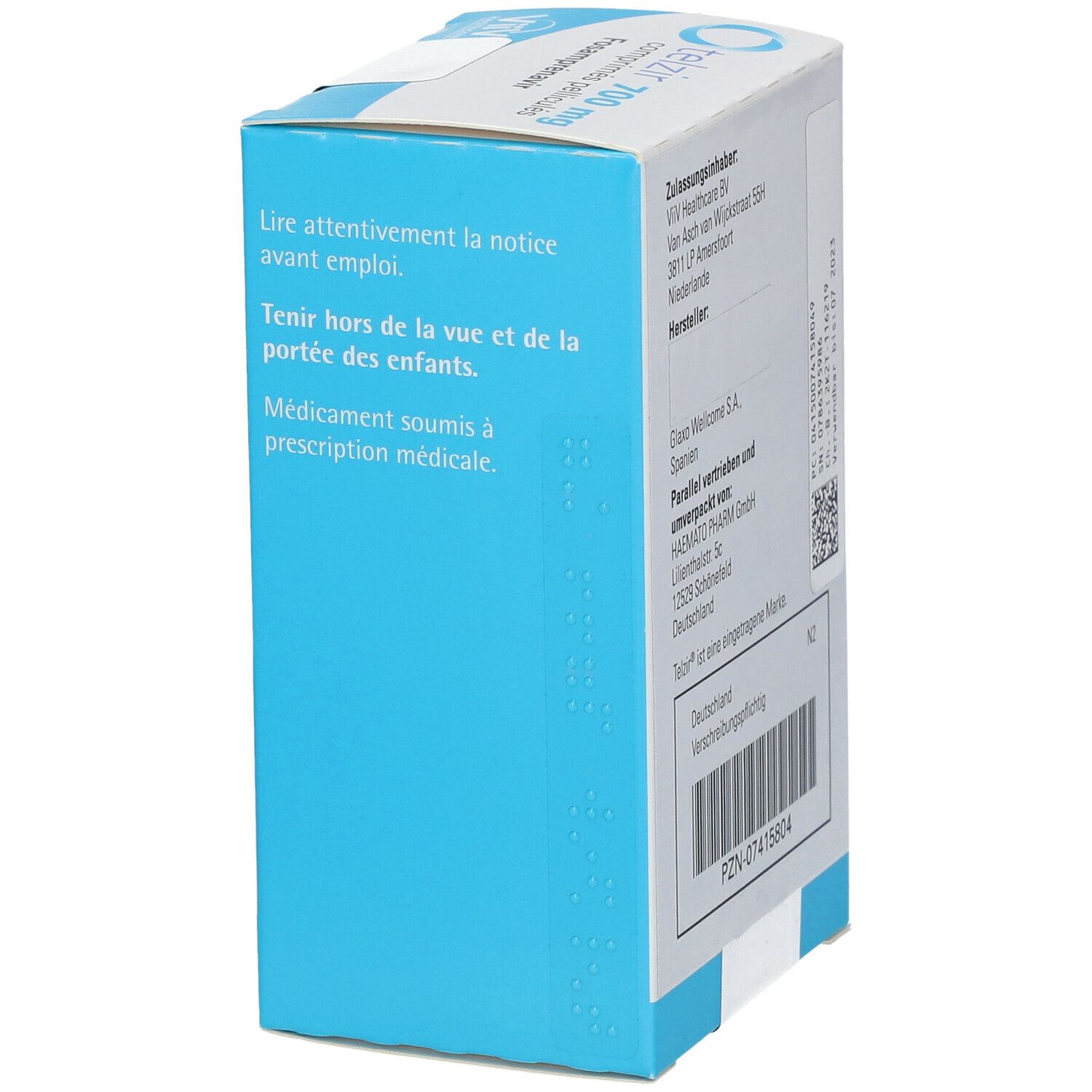 Seitenansicht der Telzir 700 mg Tabletten-Schachtel. Text und Logo. Blaue und weiße Verpackung.