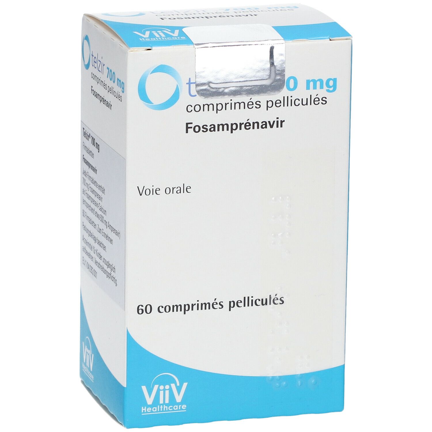 Telzir 700 mg Tabletten-Schachtel. Vorderseite mit Produktnamen, Inhaltsstoffen und Dosierung. ViiV Healthcare Logo.
