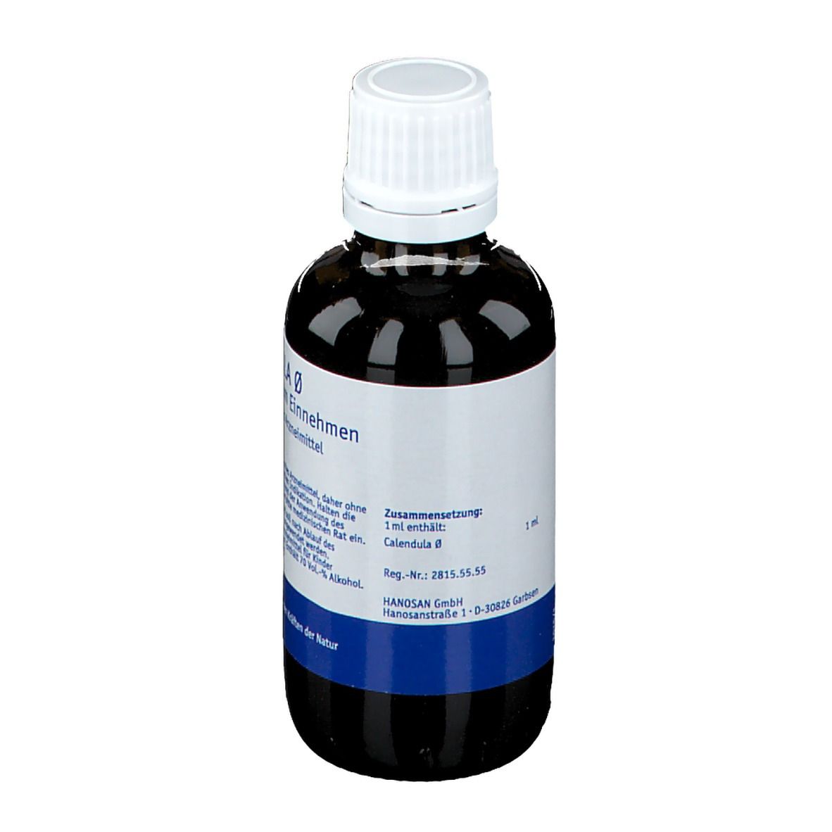 Braune Glasflasche mit weißem Verschluss. Etikett mit Produktnamen und Informationen. Homöopathisches Arzneimittel.