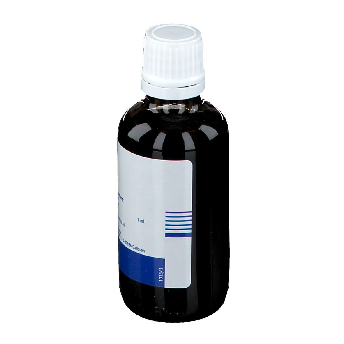 Braune Glasflasche mit weißem Verschluss. Etikett mit Produktnamen und Informationen. Homöopathisches Arzneimittel.