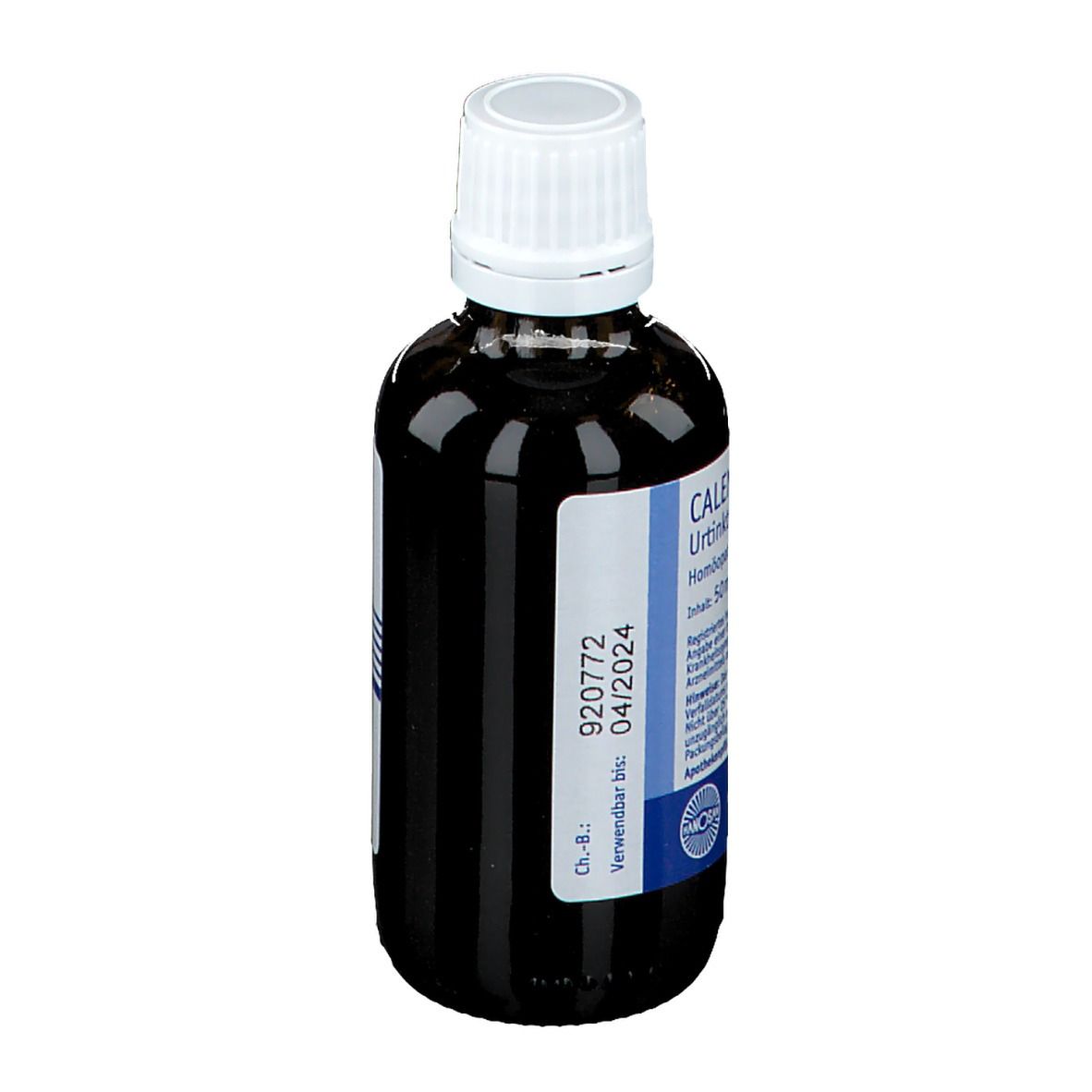 Braune Glasflasche mit weißem Verschluss. Etikett mit Produktnamen und Informationen. Homöopathisches Arzneimittel.