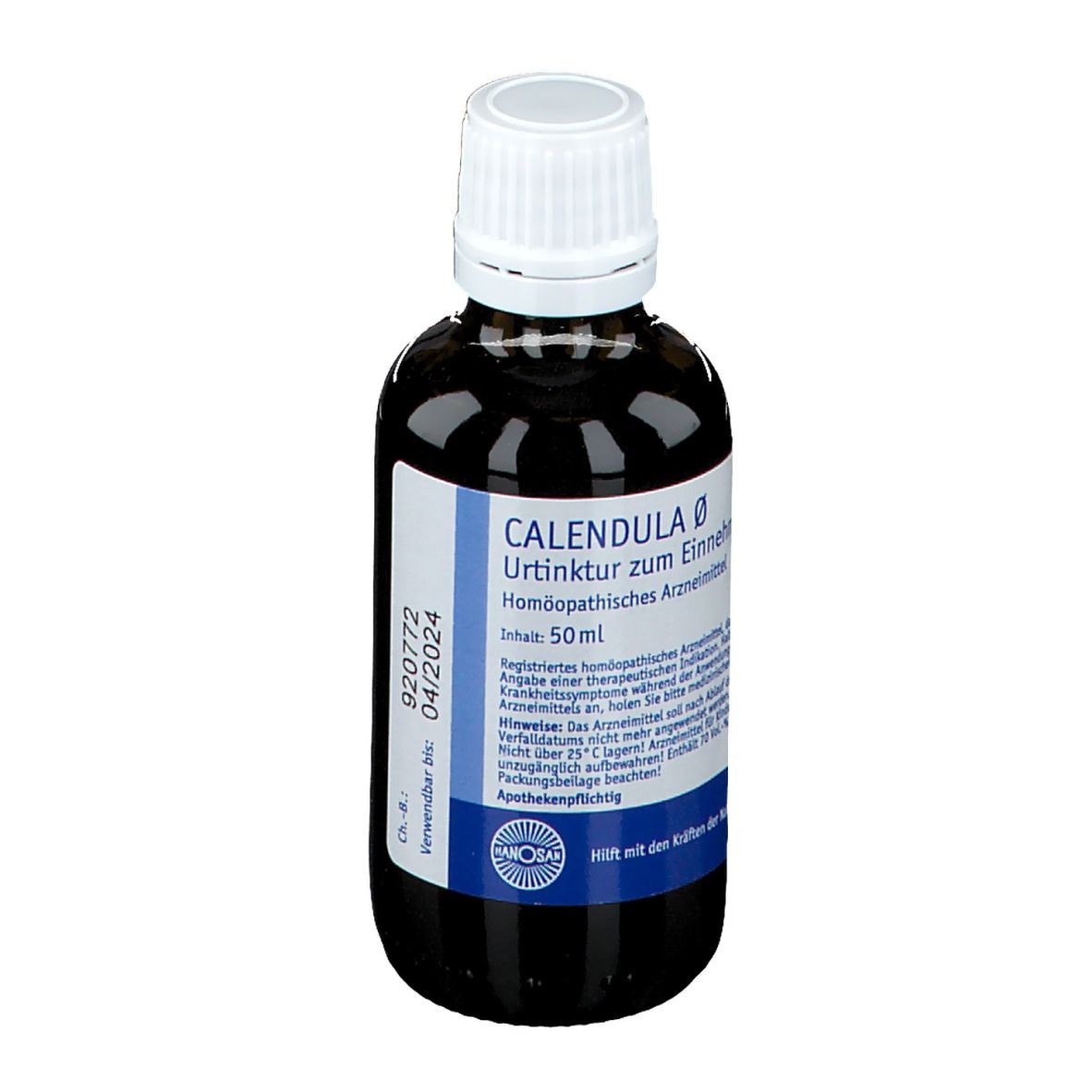 Braune Glasflasche mit weißem Verschluss. Etikett mit Produktnamen und Informationen. Homöopathisches Arzneimittel.