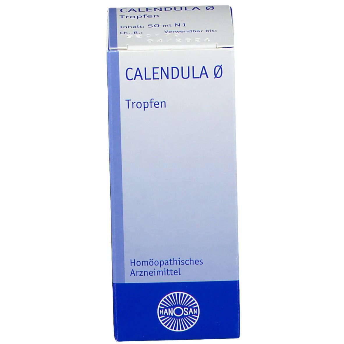 Karton mit Produktnamen und Informationen. Homöopathisches Arzneimittel. Weiß und blau.