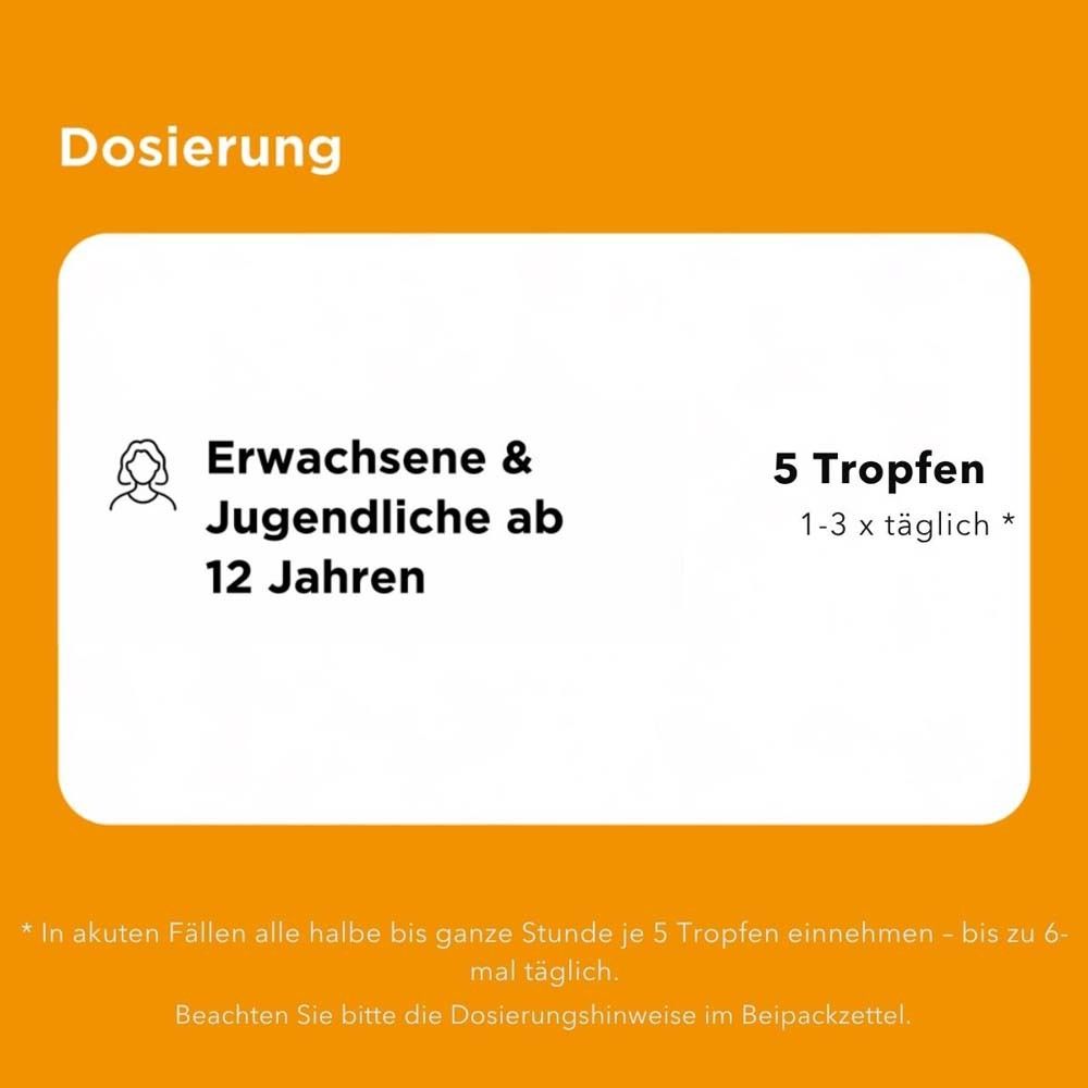 Dosierungshinweis. Text: Erwachsene & Jugendliche ab 12 Jahren. 5 Tropfen 1-3 x täglich.