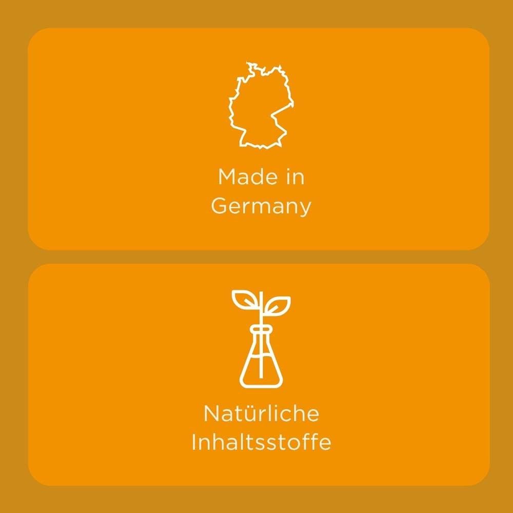 Orangefarbener Hintergrund mit Text: Made in Germany und Natürliche Inhaltsstoffe.