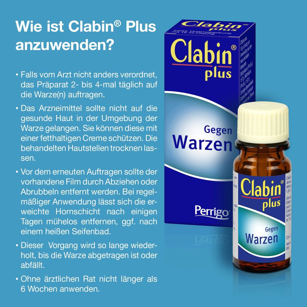 Anwendungshinweise für "Clabin plus". Flasche und Schachtel.