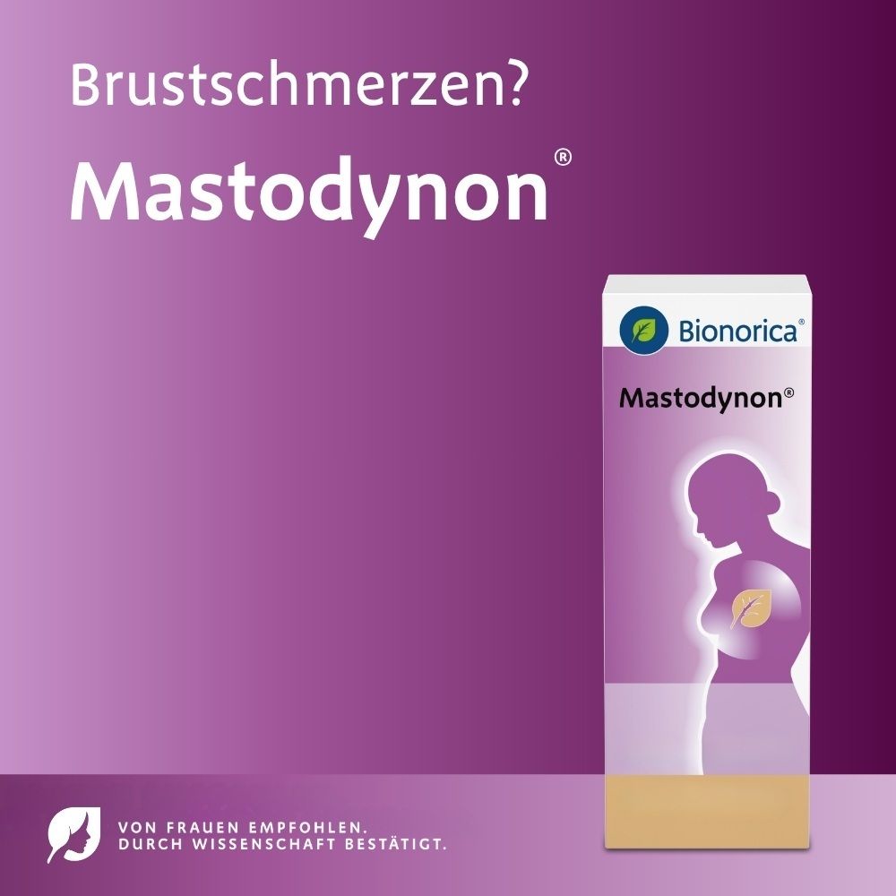 Mastodynon Bionorica Tropfenflasche mit Frauenprofil und Brustsymbol. Text: Brustschmerzen?