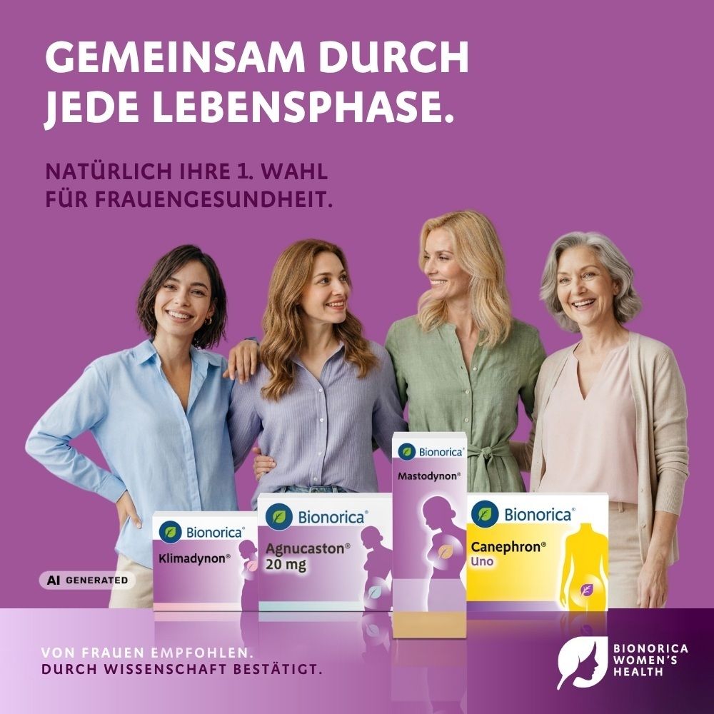Vier Frauen unterschiedlichen Alters stehen vor Produkten von Bionorica. "Gemeinsam durch jede Lebensphase".