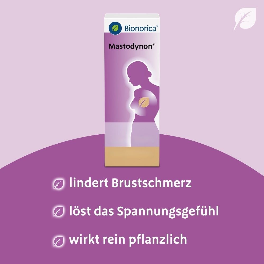 Mastodynon Packung zeigt weibliche Silhouette mit Brust. Lindert Brustschmerz, löst Spannungsgefühl, wirkt rein pflanzlich.