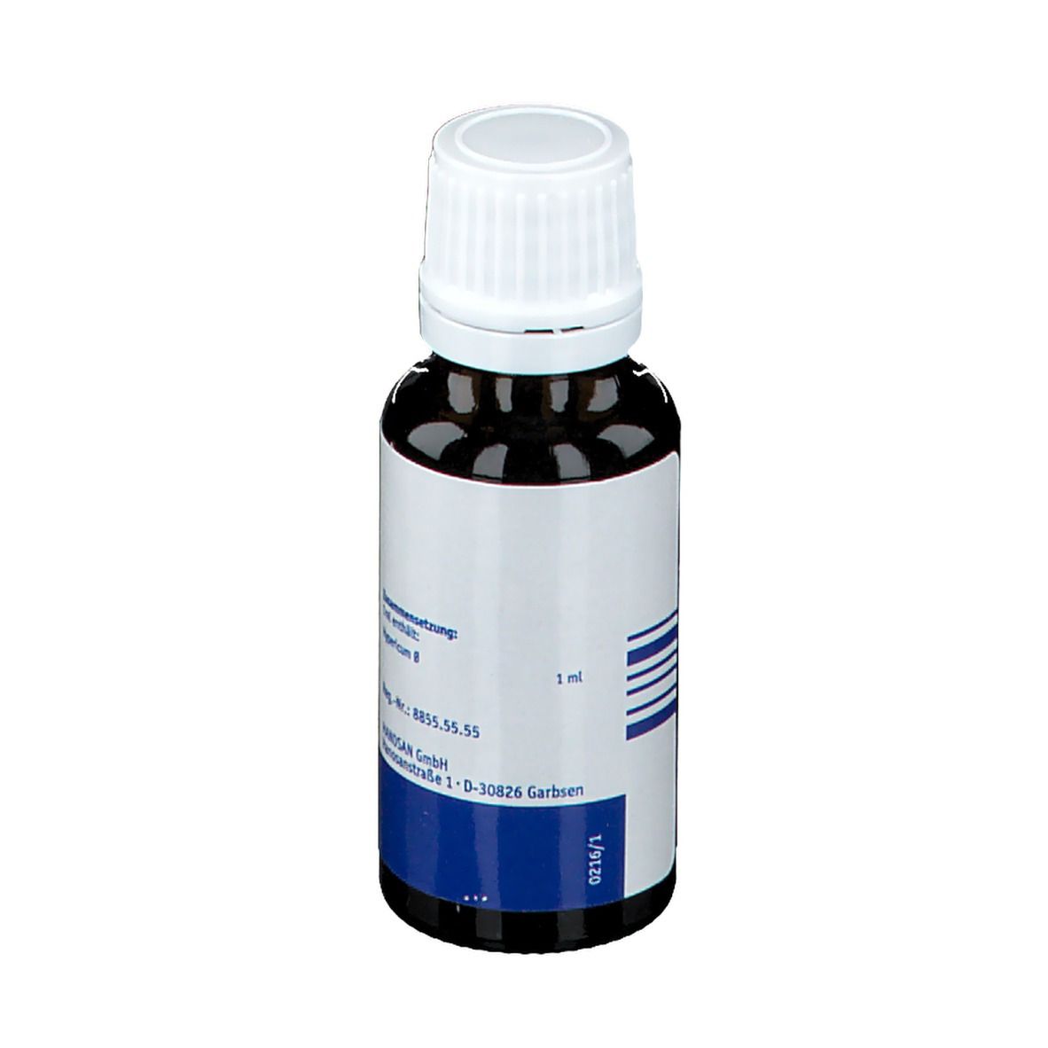Braune Glasflasche mit weißem Verschluss. Rückseite mit weißem Etikett und Text. Hersteller: HANOSAN GmbH.