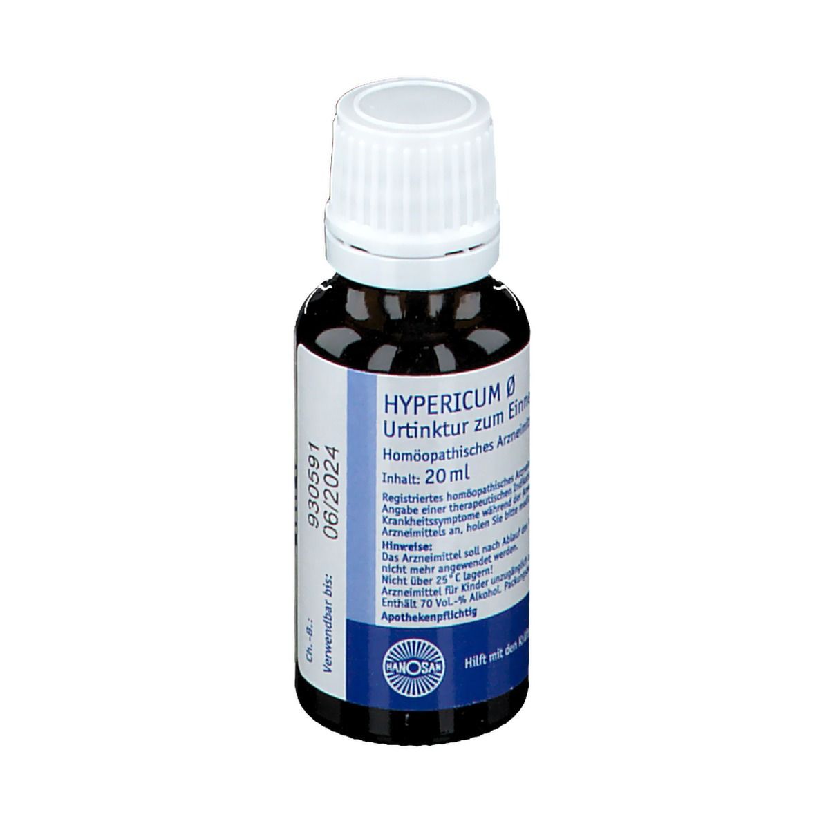 Braune Glasflasche mit weißem Verschluss. Etikett mit Produktname, Inhalt 20 ml und weiteren Informationen.