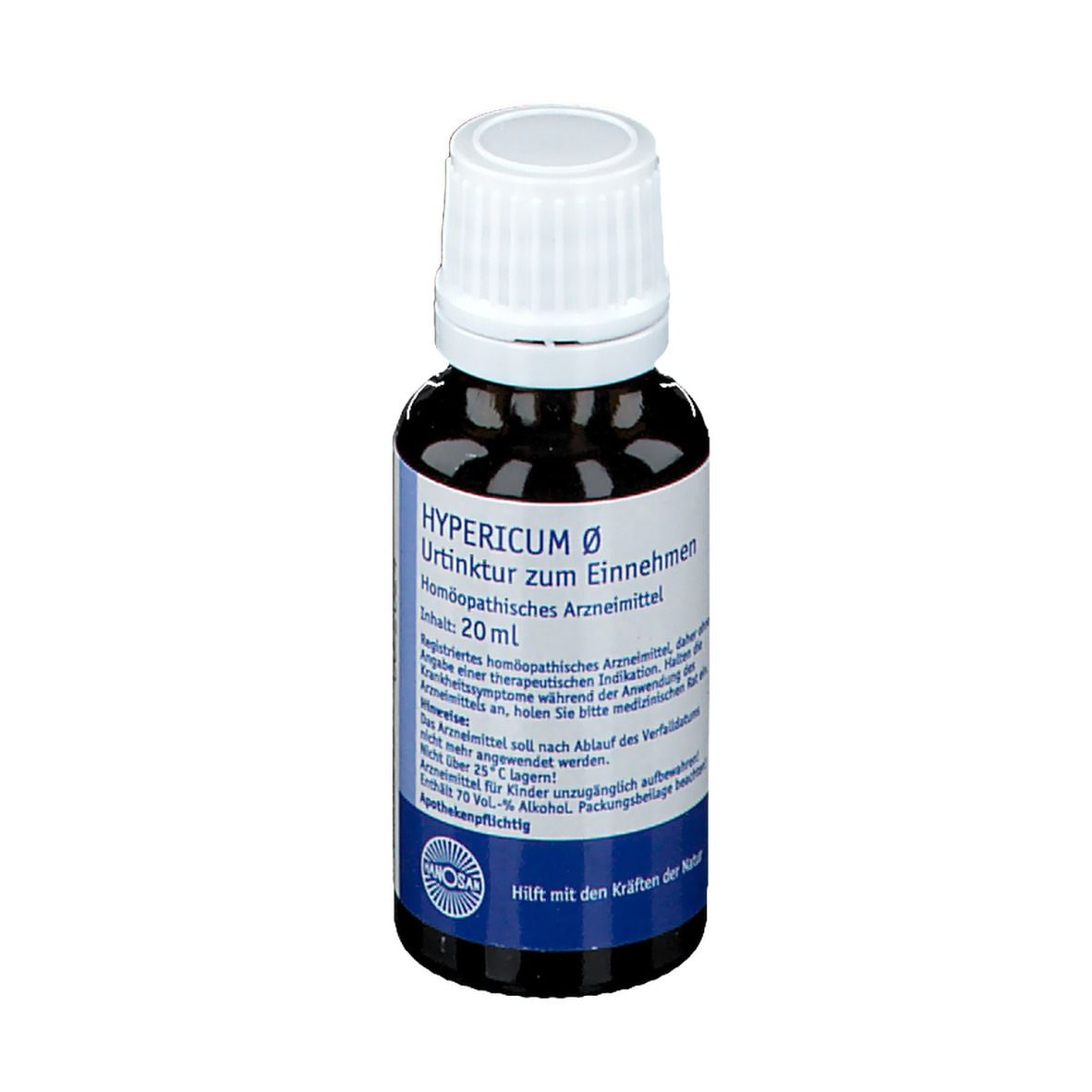 Braune Glasflasche mit weißem Verschluss. Etikett mit Produktname, Inhalt 20 ml und weiteren Informationen.