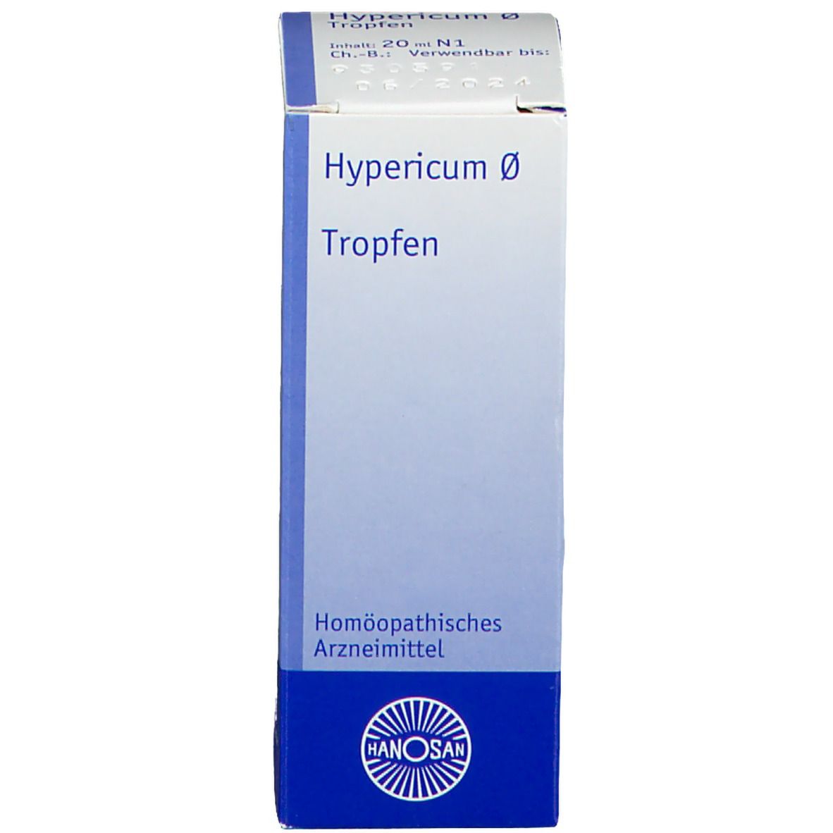 Weiße Schachtel mit blauem Streifen. Aufschrift: Hypericum Ø Tropfen. Hersteller: HANOSAN.