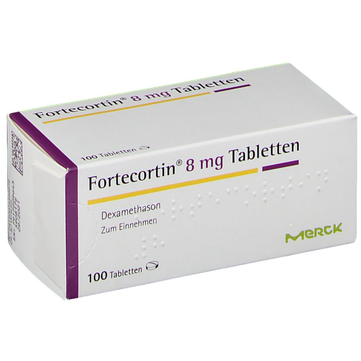 Weiße Schachtel mit Aufschrift Fortecortin 8 mg Tabletten, 100 Tabletten. Merck-Logo.