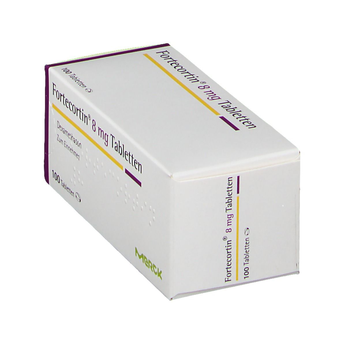Schachtel mit Fortecortin 8 mg Tabletten, 100 Tabletten. Merck-Logo. Schräge Ansicht.