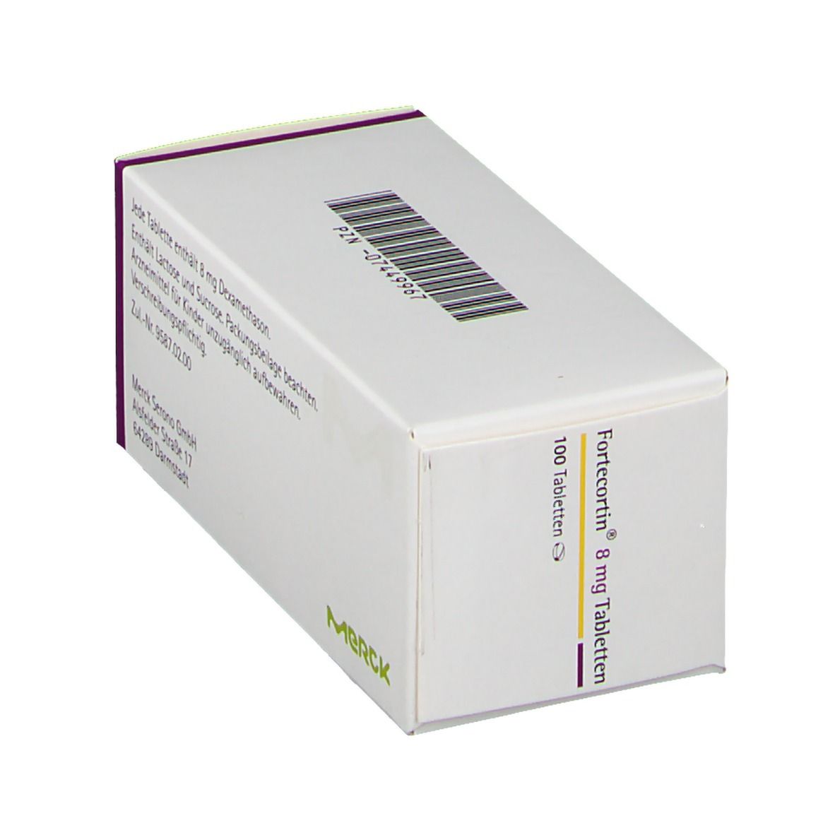 Schachtel mit Fortecortin 8 mg Tabletten, 100 Tabletten. Barcode und Merck-Logo. Schräge Ansicht.