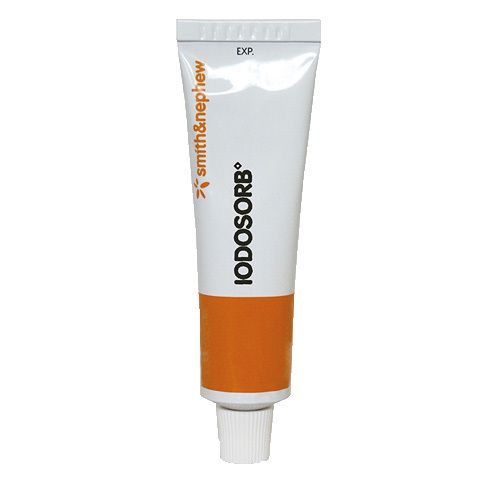 Tube mit Iodosorb Salbe. Weiß, orangefarben. Smith & Nephew Logo. EXP. Aufdruck.