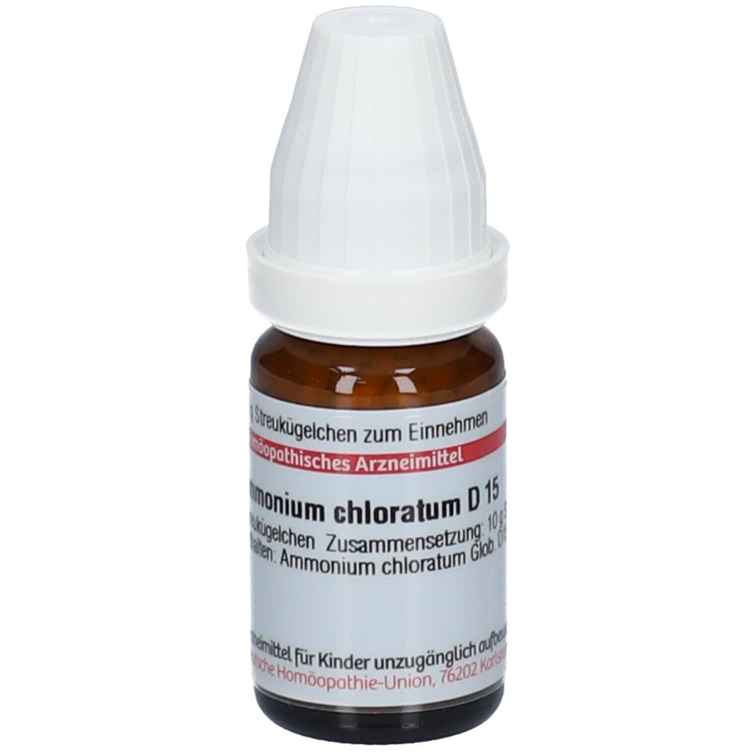 Braune Glasflasche mit weißem Deckel. Etikett mit Produktinformationen: Ammonium chloratum D15.