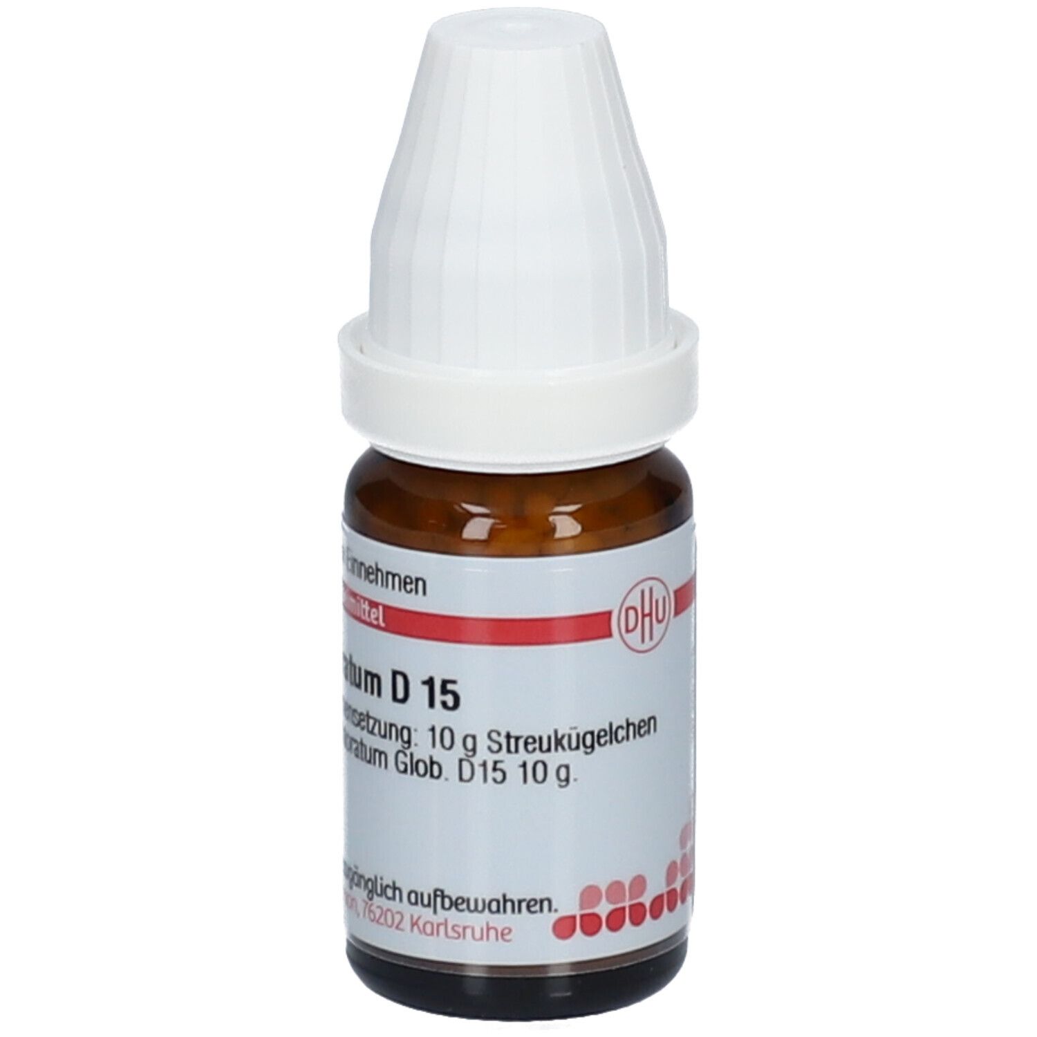 Braune Glasflasche mit weißem Deckel. Etikett mit Produktinformationen: Ammonium chloratum D15, 10 g Streukügelchen.