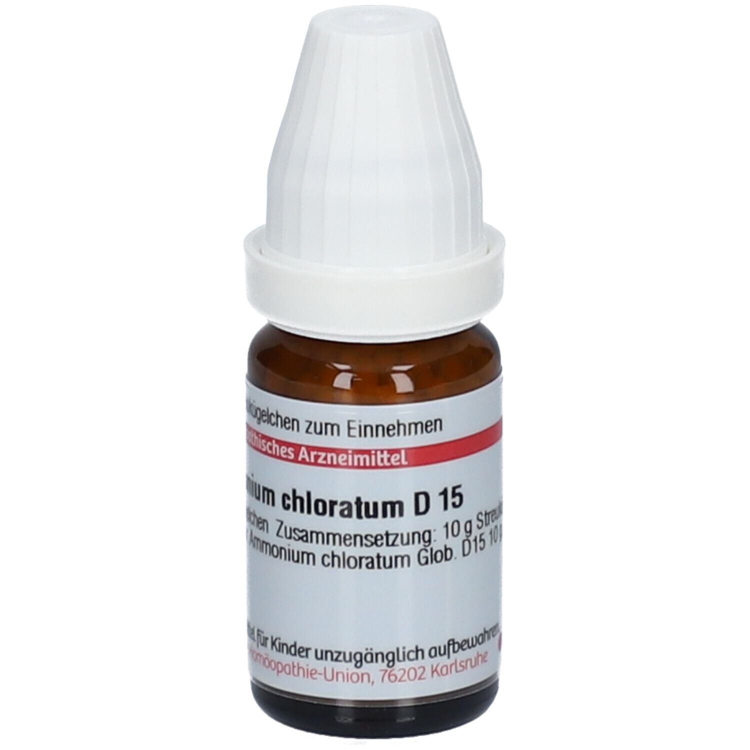 Braune Glasflasche mit weißem Deckel. Etikett mit Produktinformationen: Ammonium chloratum D15, homöopathisches Arzneimittel.