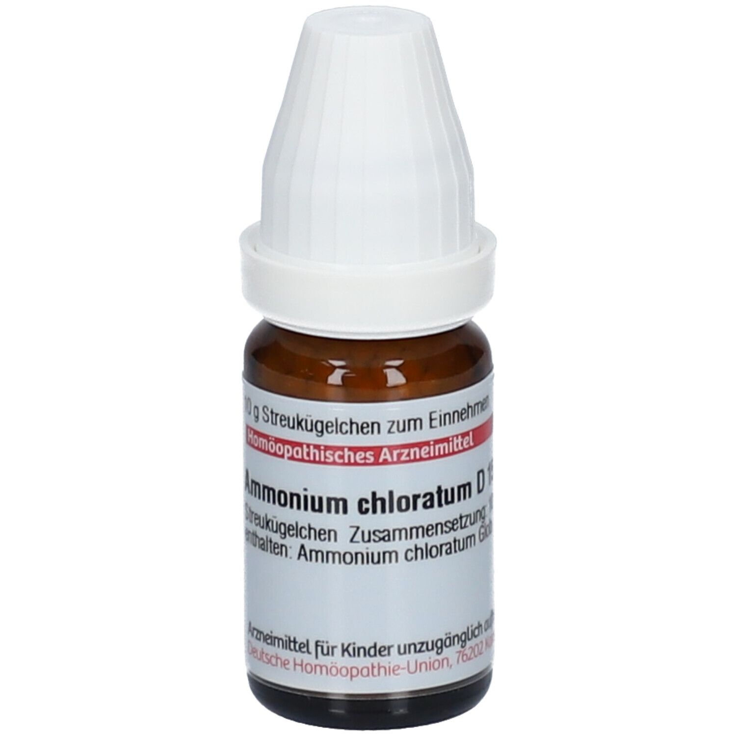 Braune Glasflasche mit weißem Deckel. Etikett mit Produktinformationen: Ammonium chloratum D15, Streukügelchen.