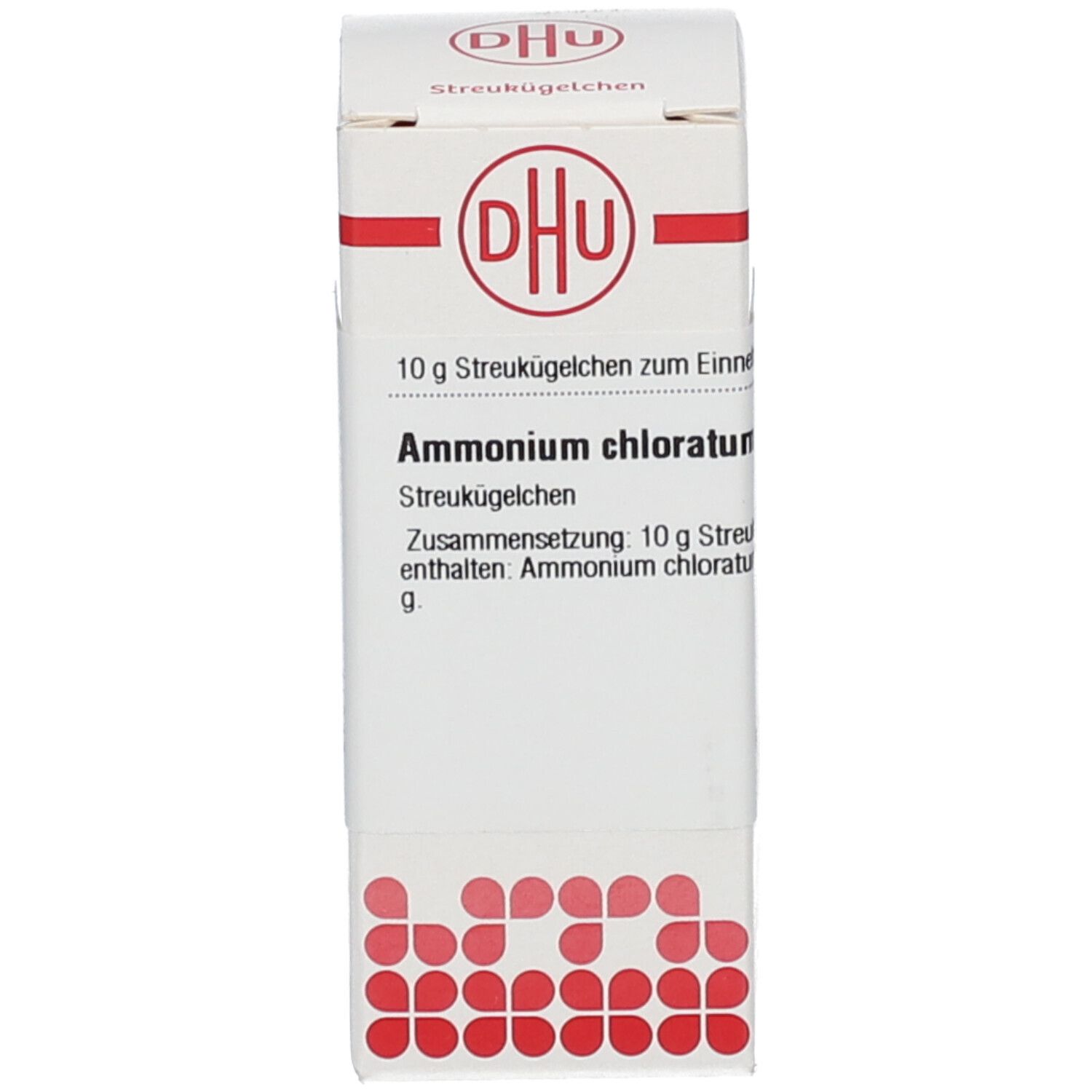 Weiße Schachtel mit rotem Logo. Auf der Schachtel: DHU, Ammonium chloratum, 10 g Streukügelchen.