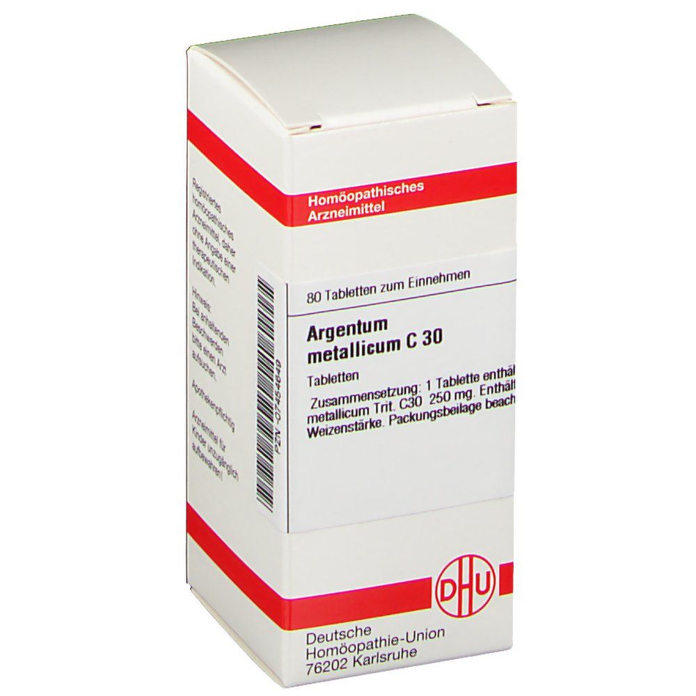 Weiße Schachtel mit rotem Streifen. Aufschrift: Argentum metallicum C 30, 80 Tabletten. Hersteller: DHU.