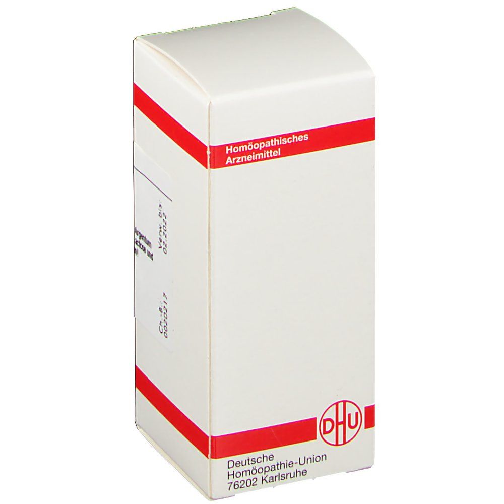 Weiße Schachtel mit rotem Streifen. Aufschrift: DHU. Hersteller: Deutsche Homöopathie-Union.